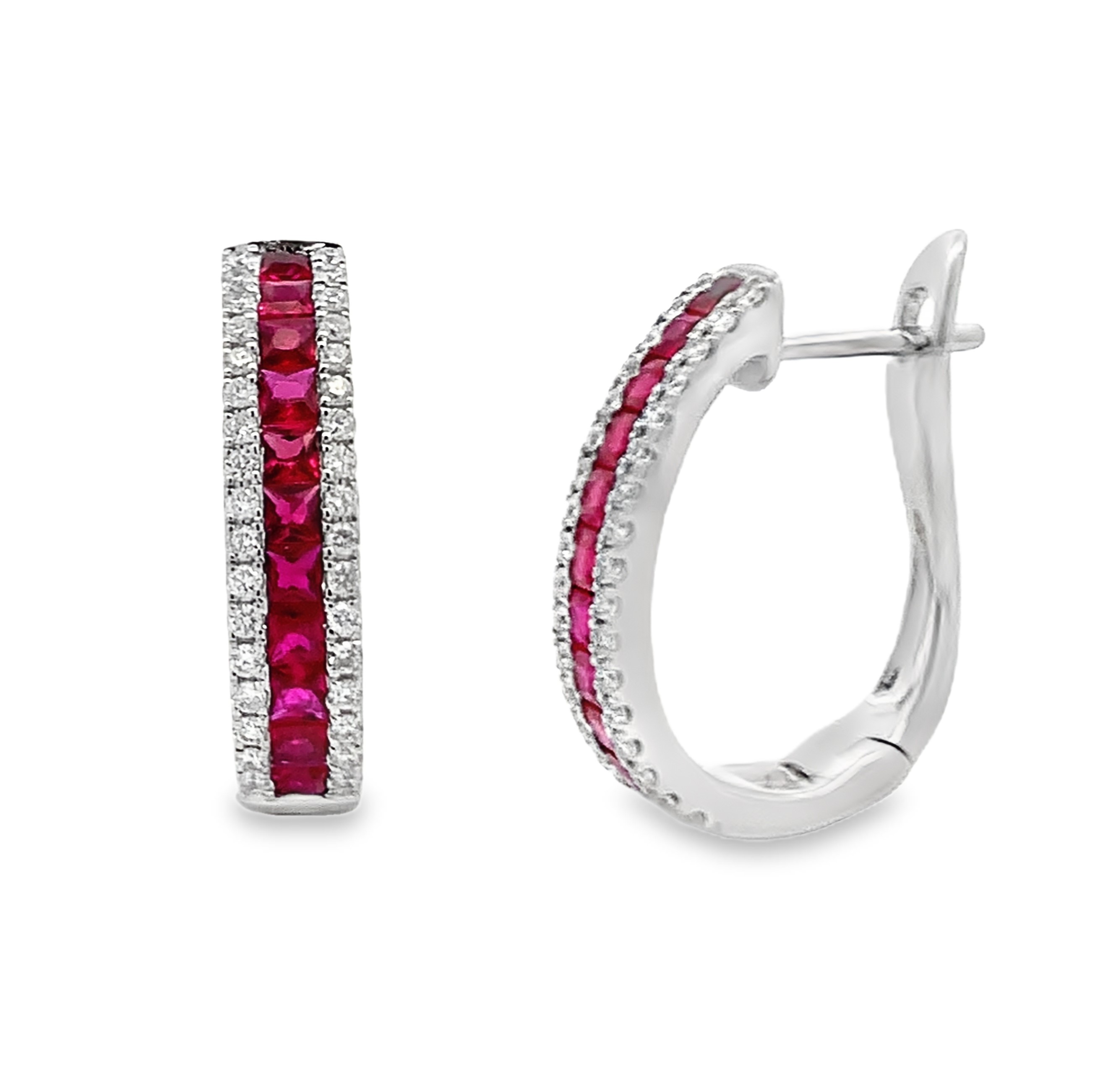 14K White Gold Ruby & Diamond Hoops