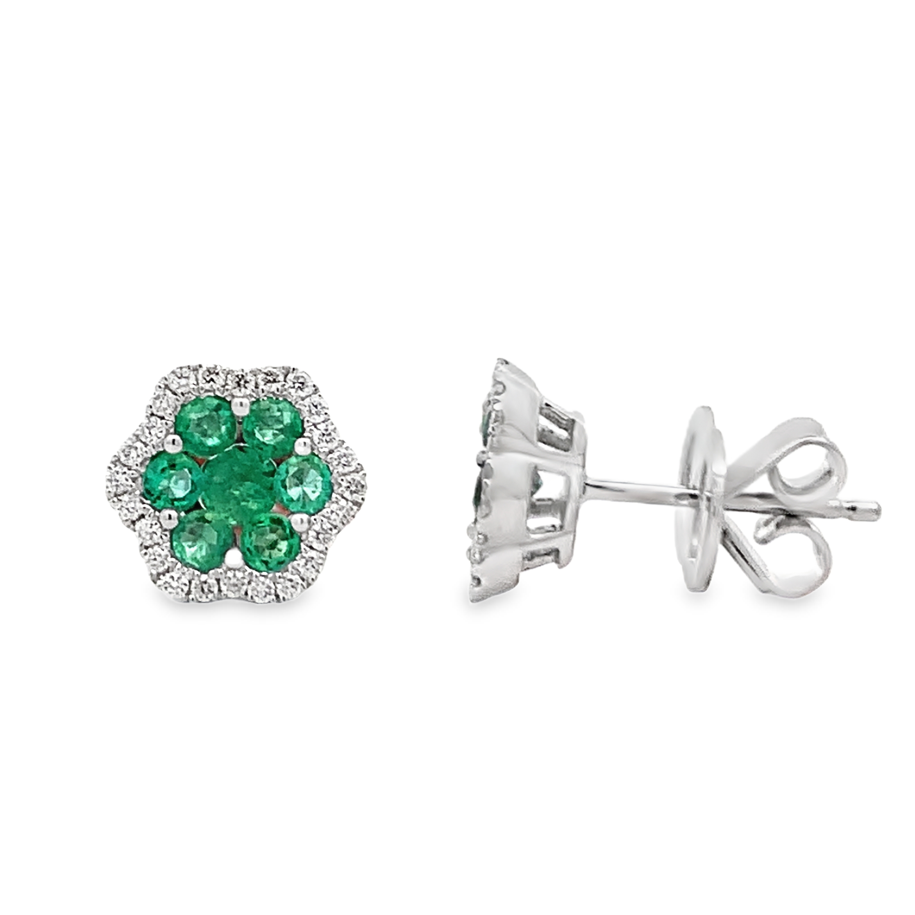 Damaso 18K White Gold Emerald & Diamond Flower Studs