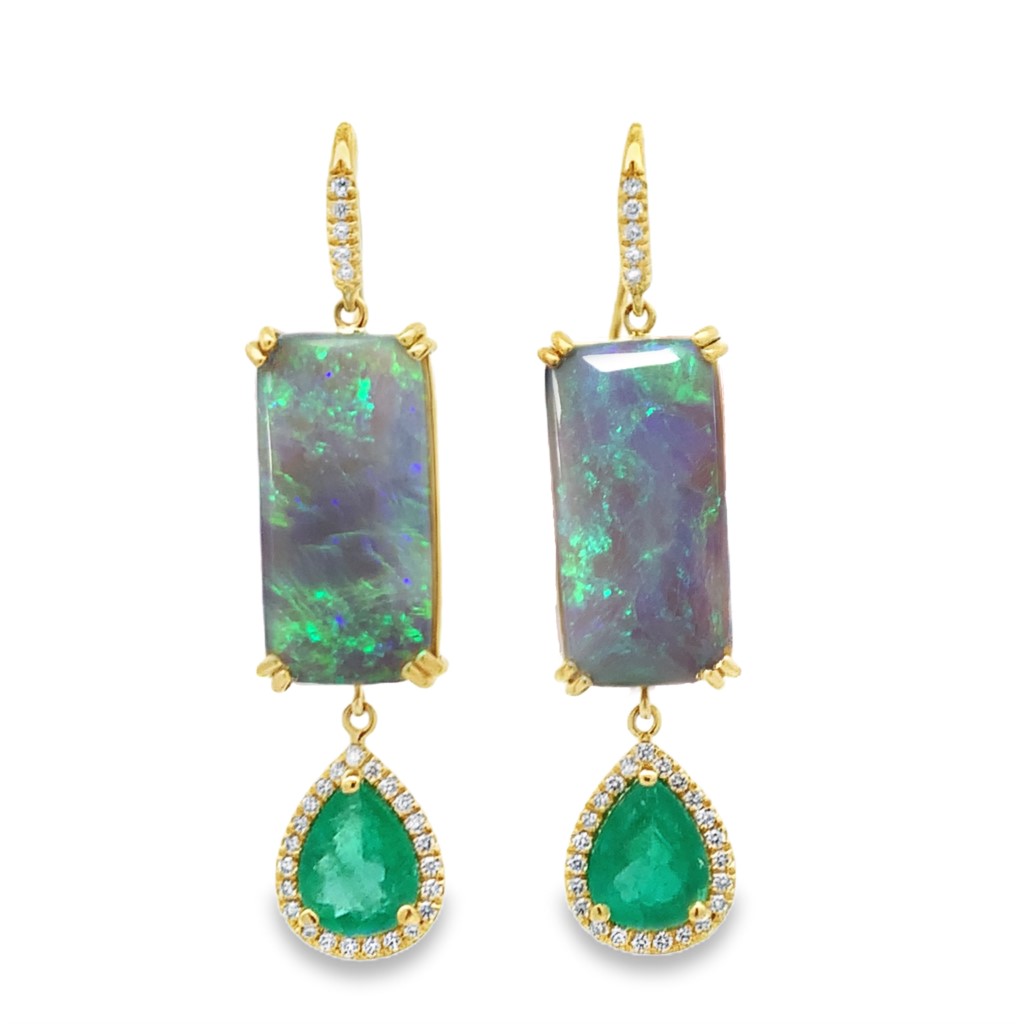 Lauren K 18K Yellow Gold Black Opal and Emerald Dangling Earrings