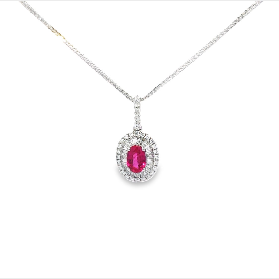 18K White Gold Diamond and Ruby Halo Pendant