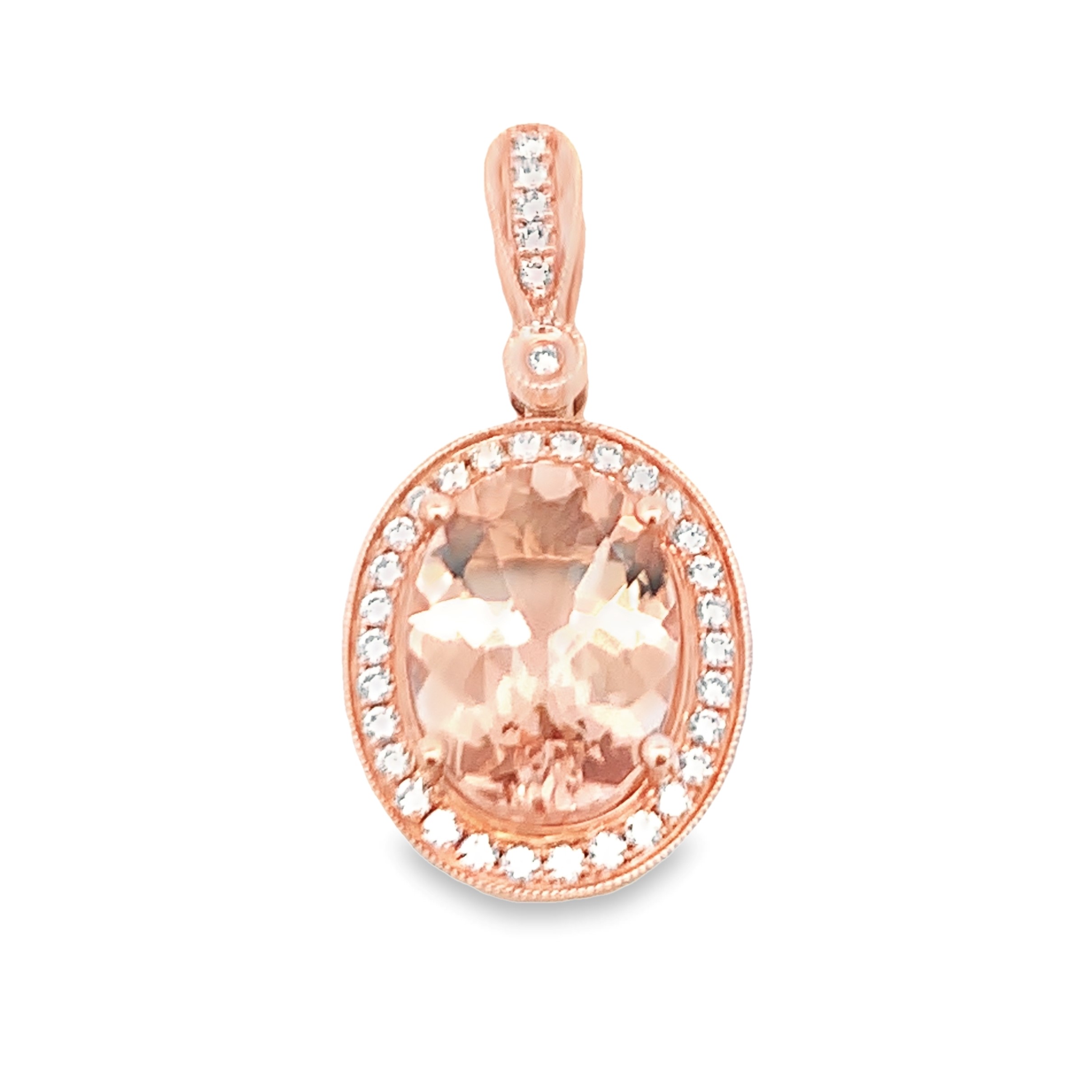 14K Rose Gold Morganite Halo Pendant