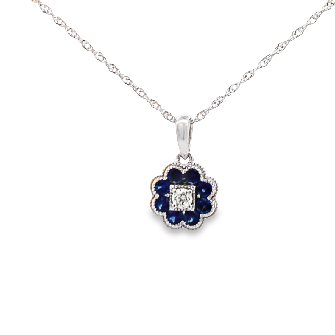 14K White Gold Sapphire Flower Pendant