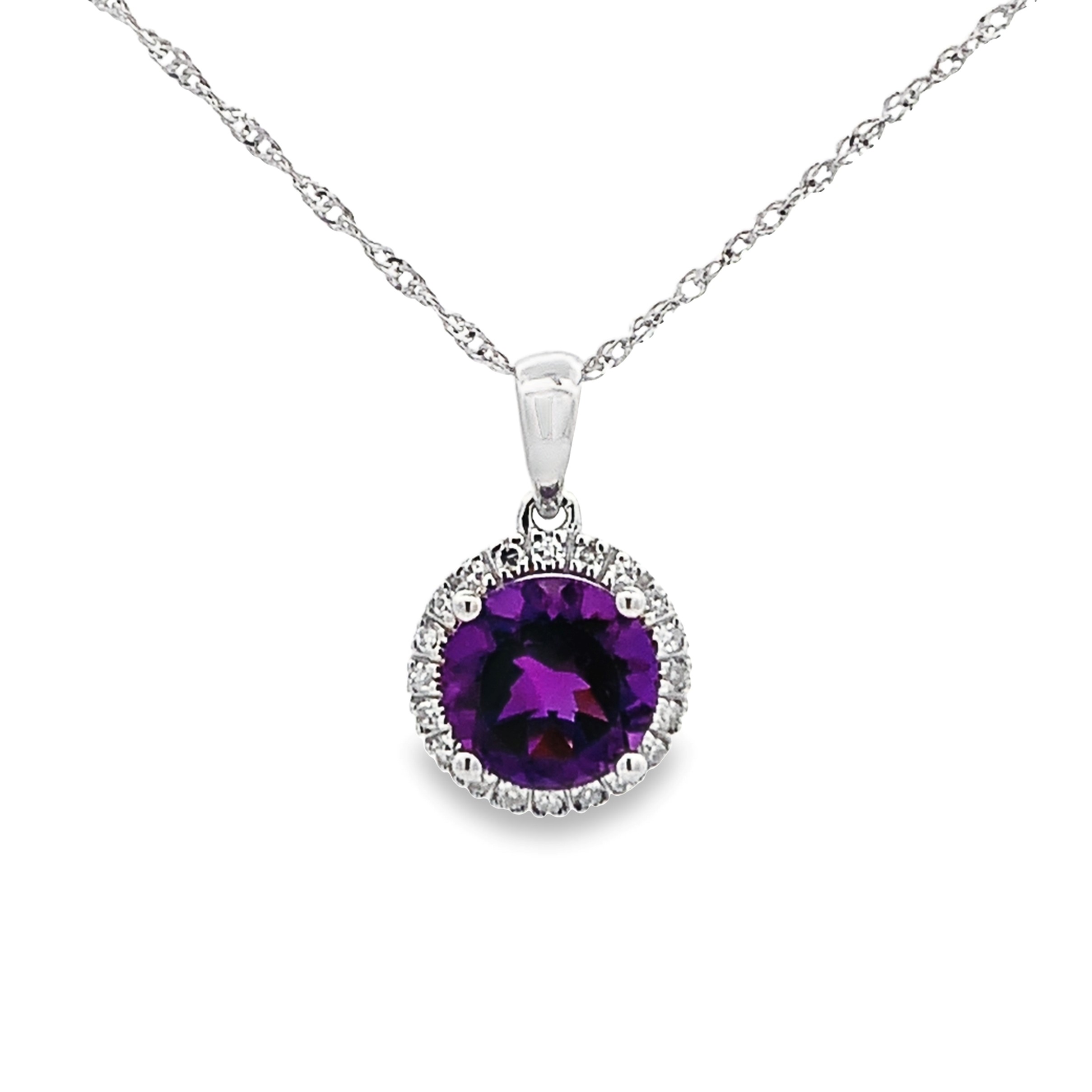 14K White Gold Amethyst Halo Pendant