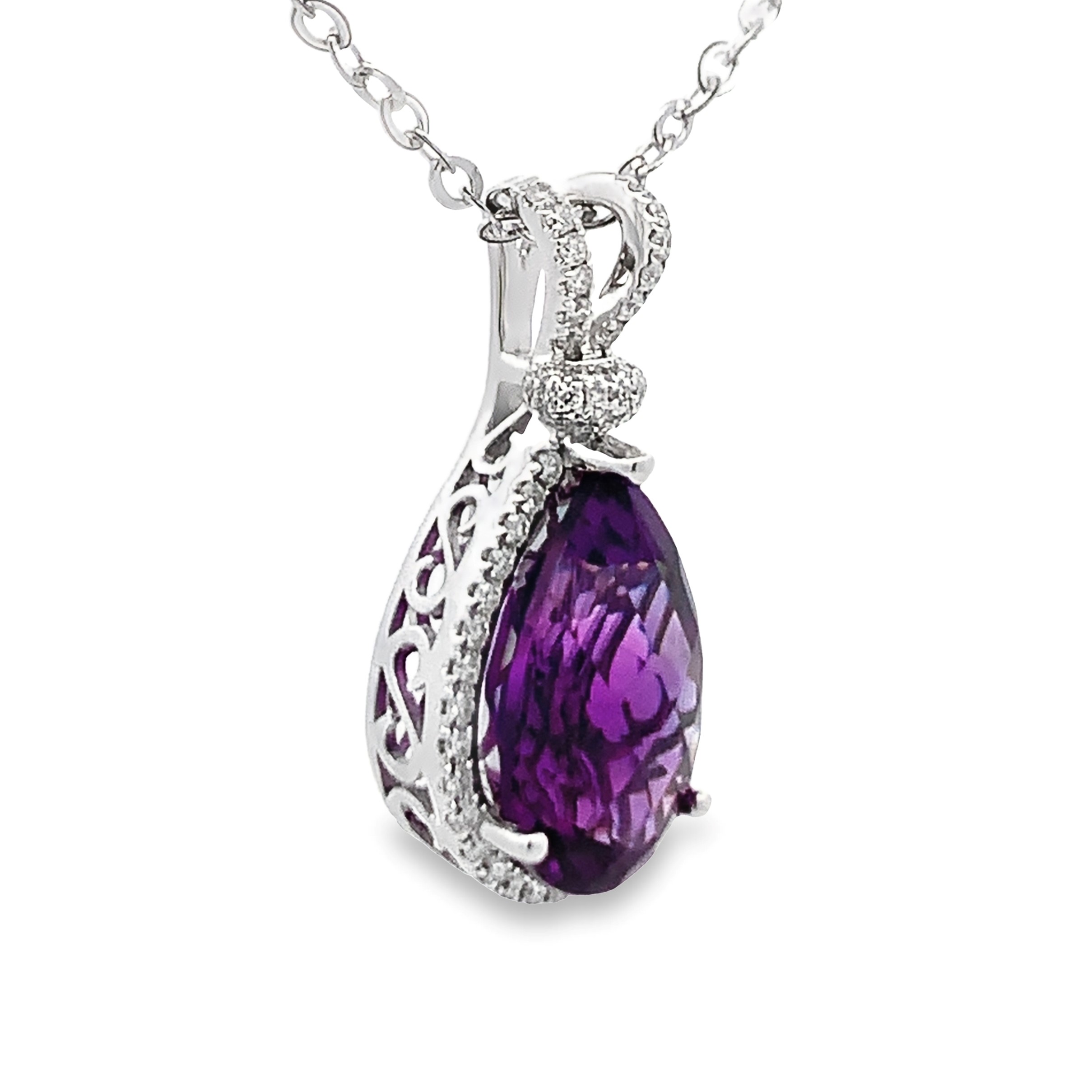 14K White Gold Pear Amethyst Halo Pendant