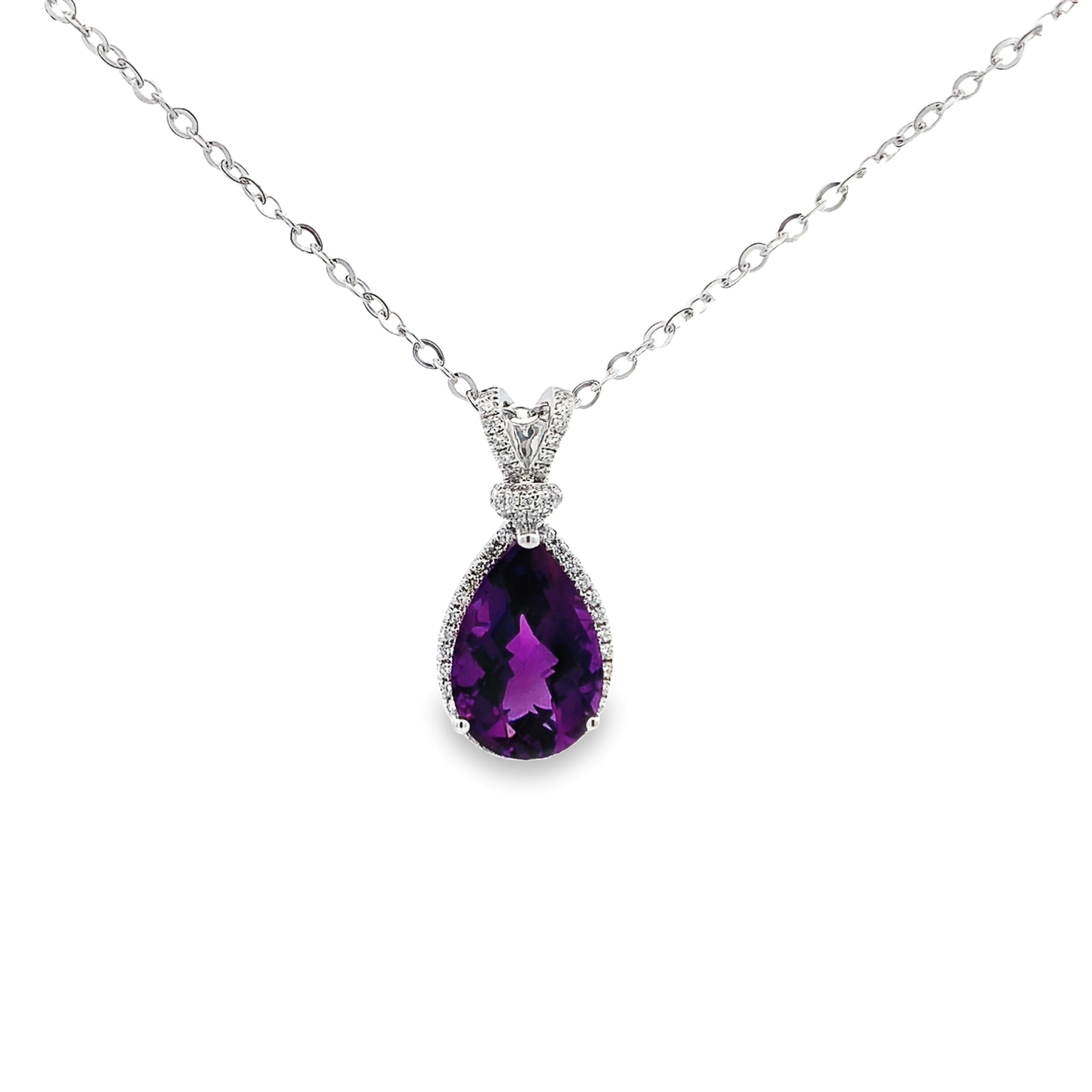 14K White Gold Pear Amethyst Halo Pendant