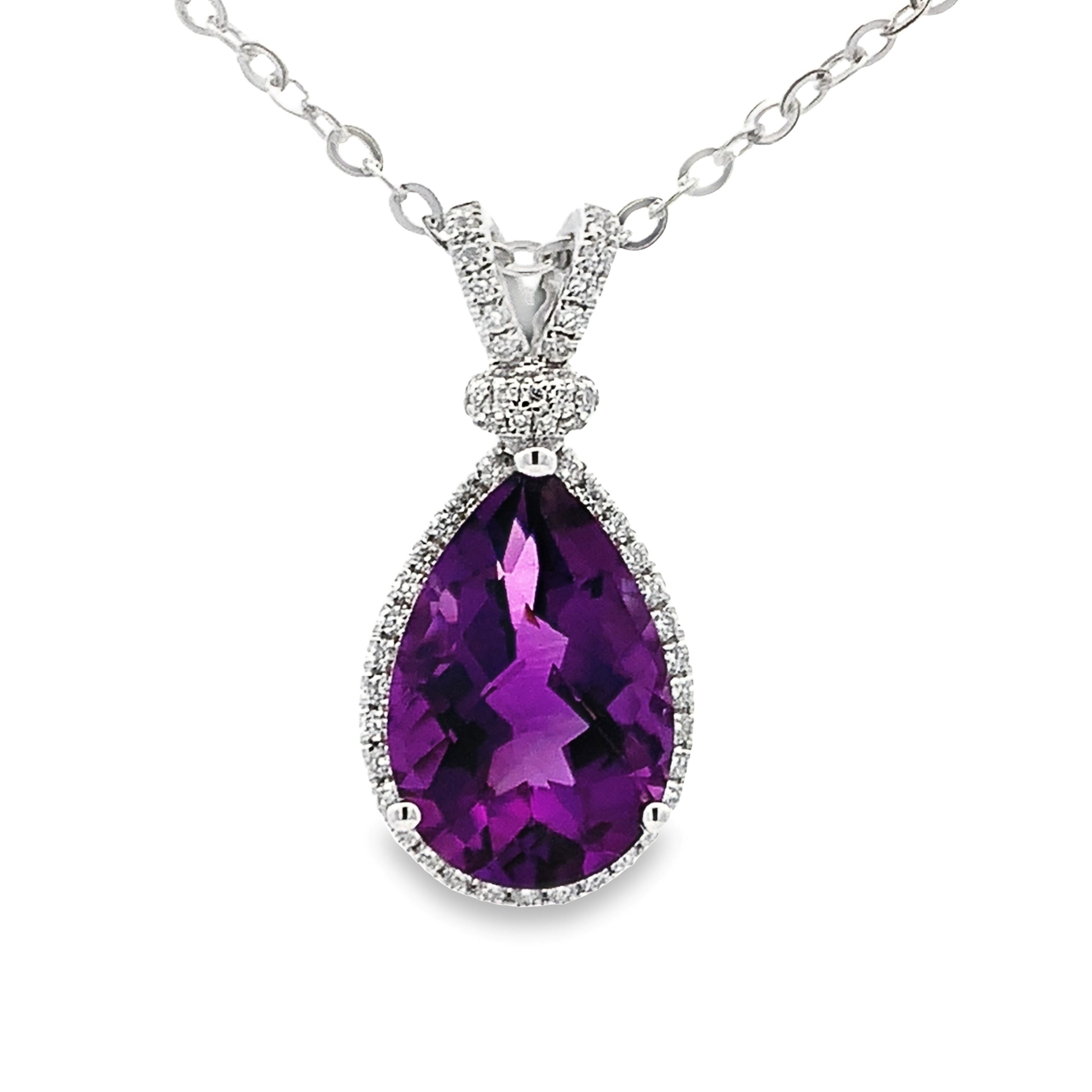 14K White Gold Pear Amethyst Halo Pendant