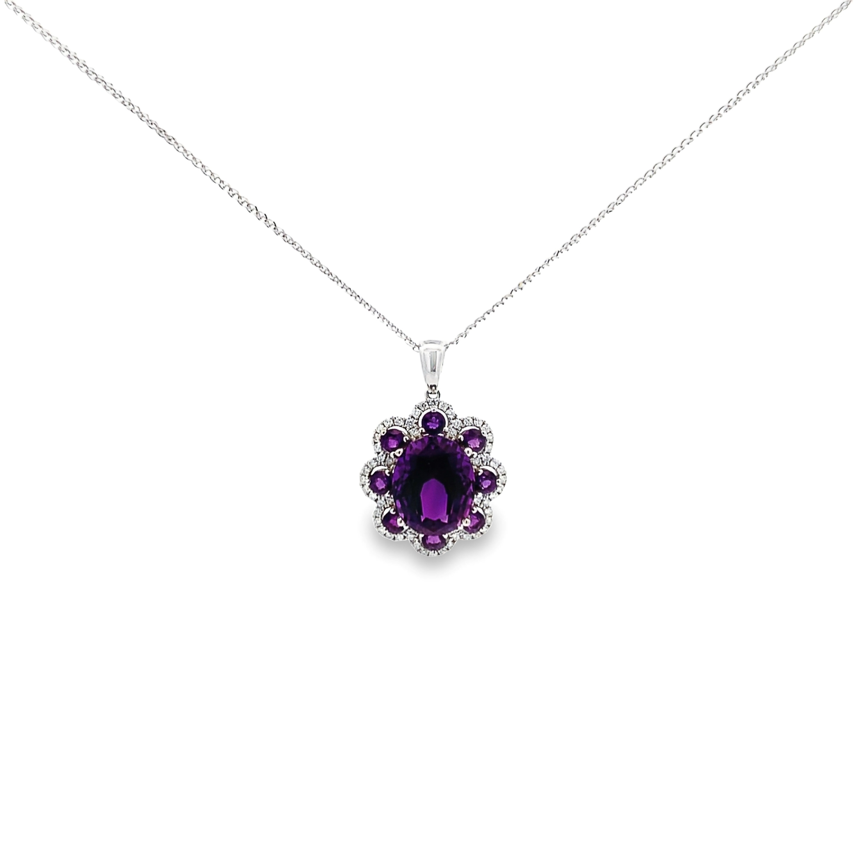 14K White Gold Amethyst and Diamond Pendant