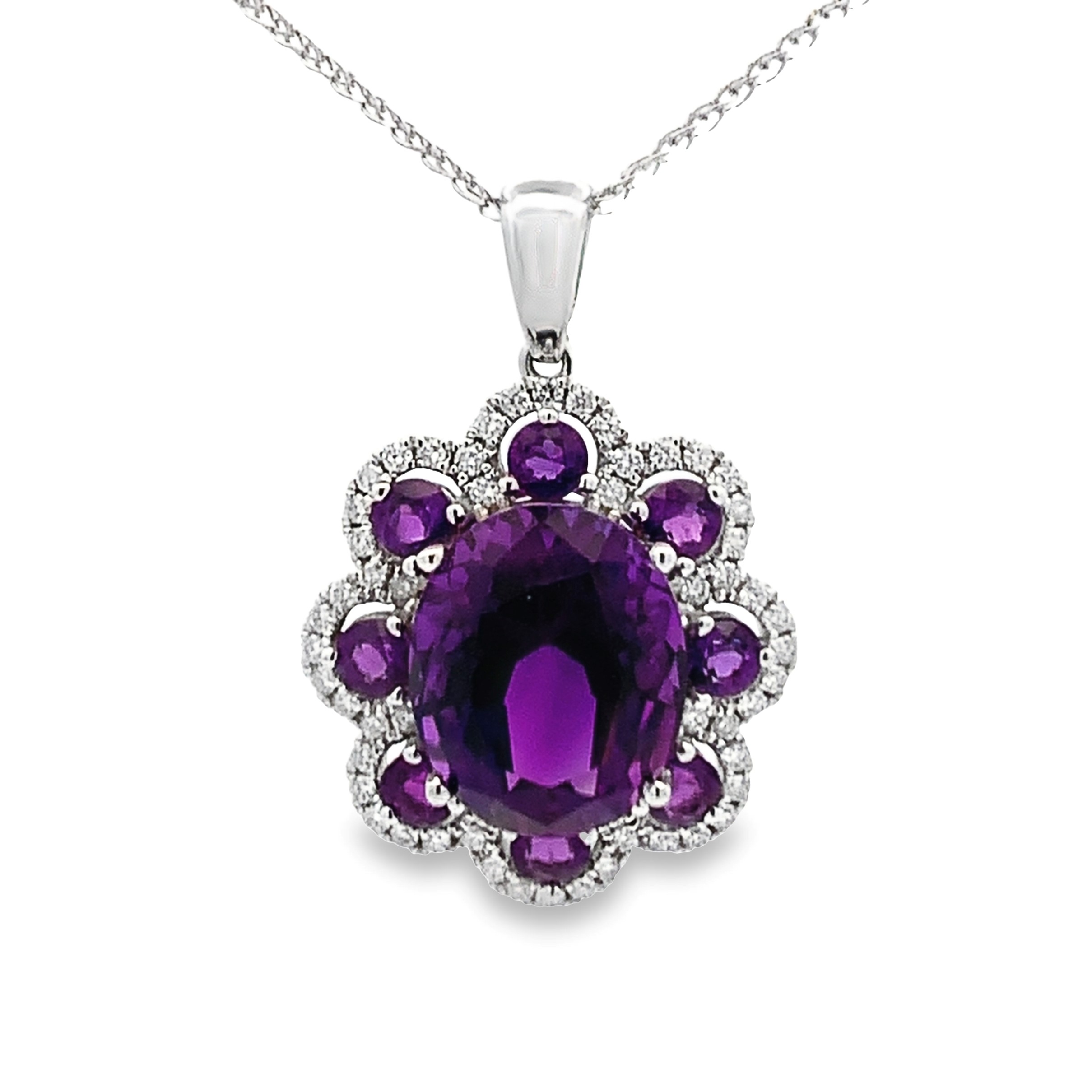 14K White Gold Amethyst and Diamond Pendant