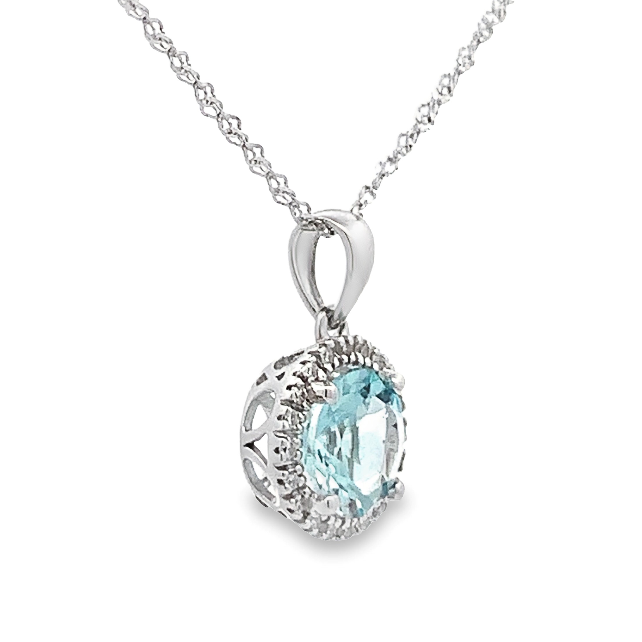 14K White Gold Aquamarine Halo Pendant