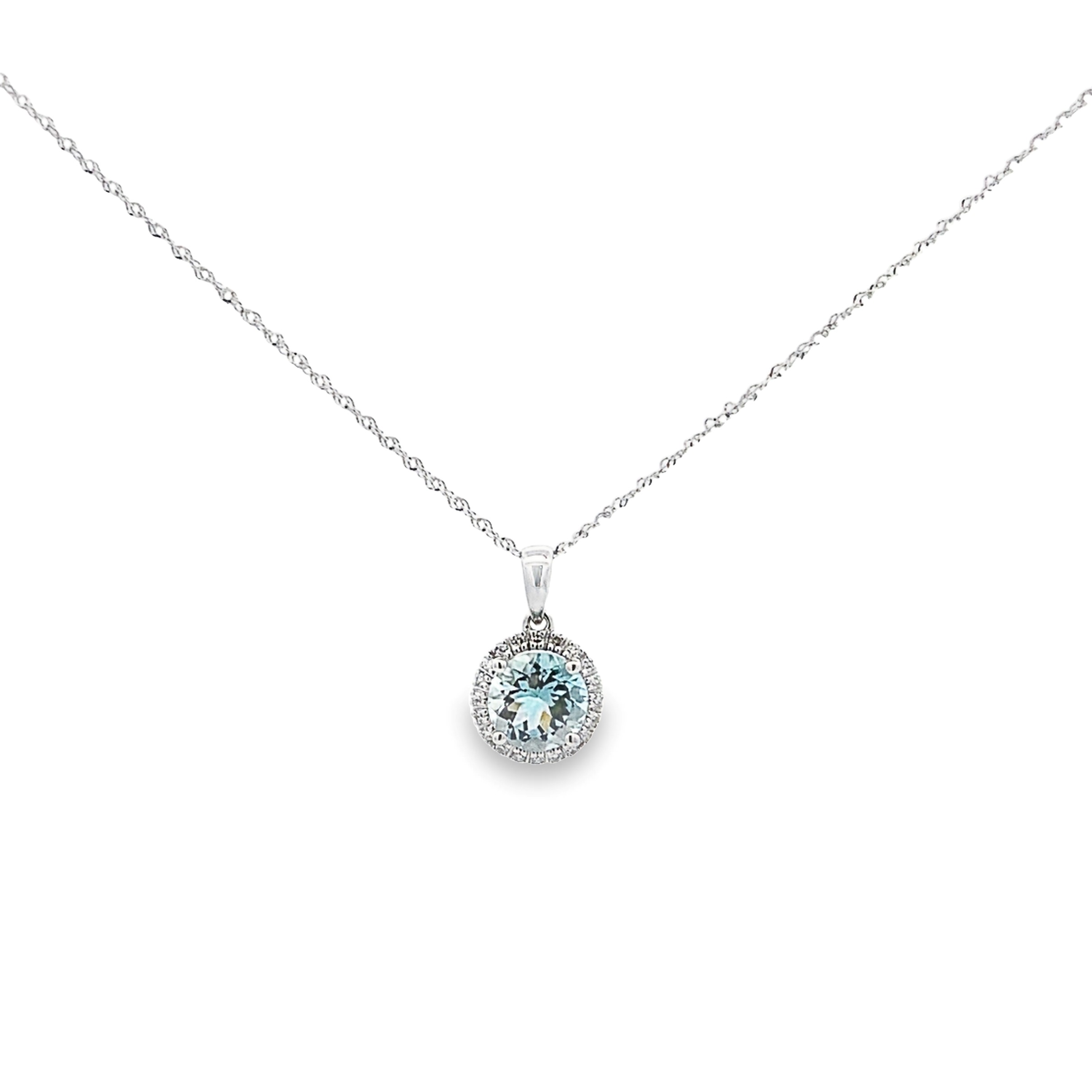 14K White Gold Aquamarine Halo Pendant