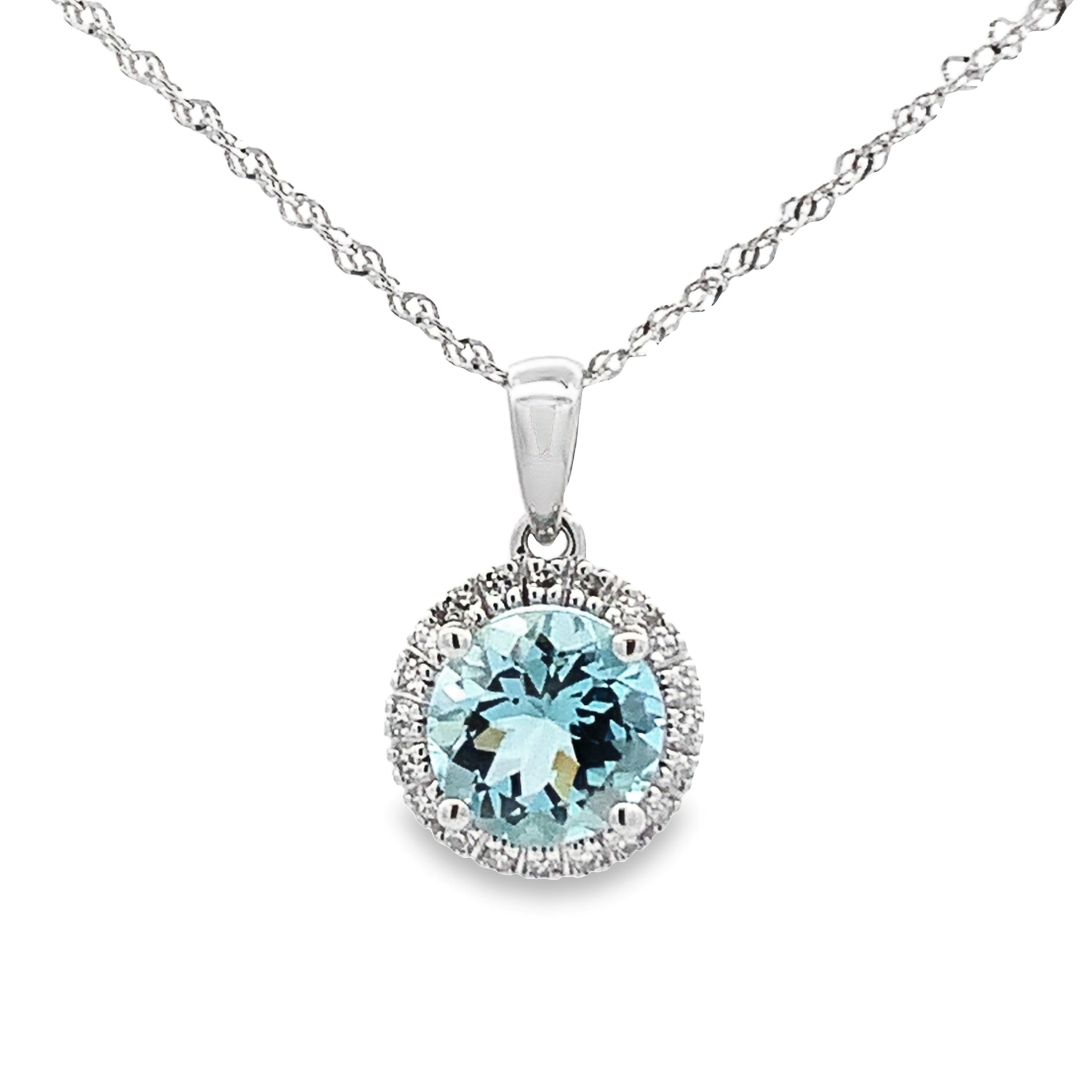 14K White Gold Aquamarine Halo Pendant