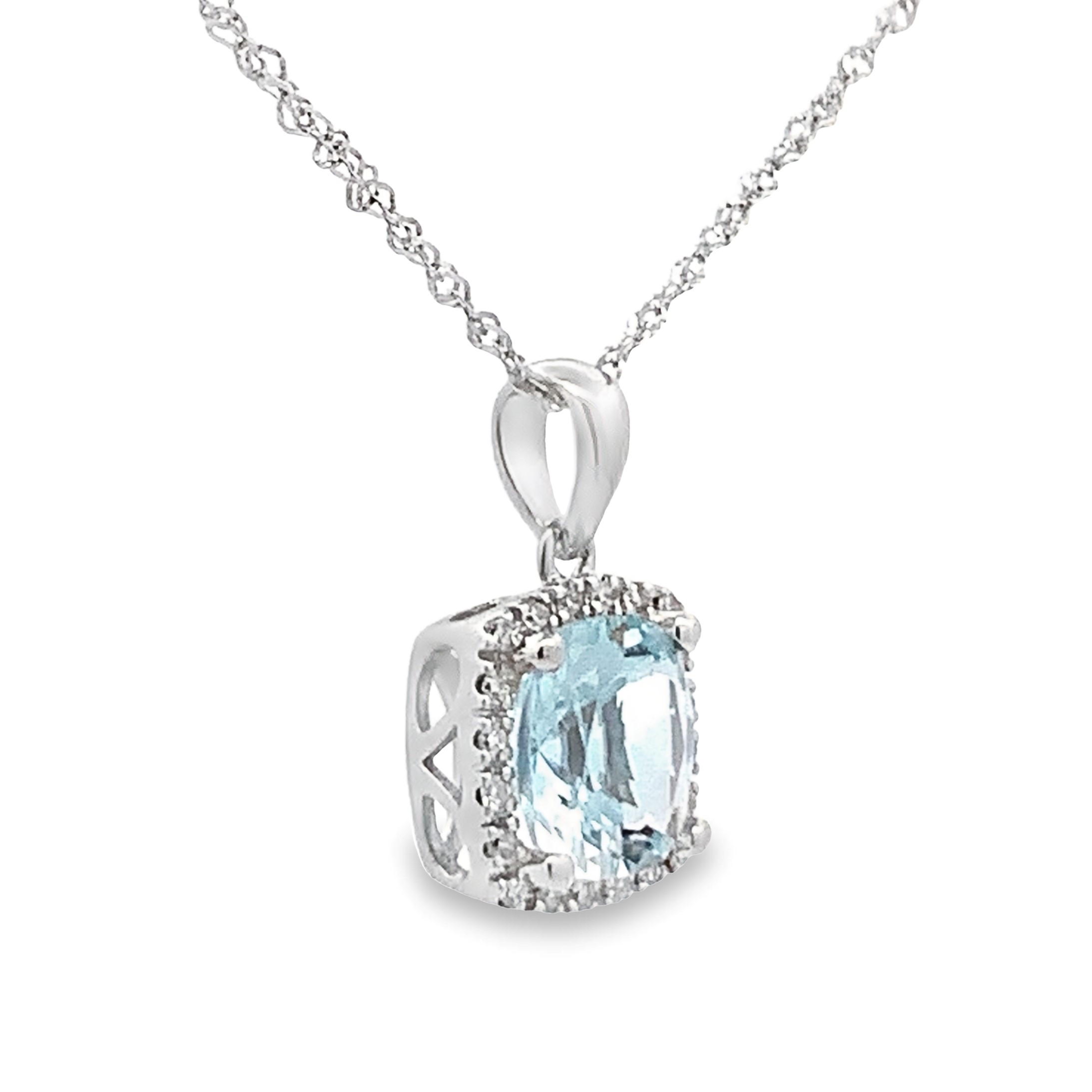 14K White Gold Aquamarine Halo Pendant