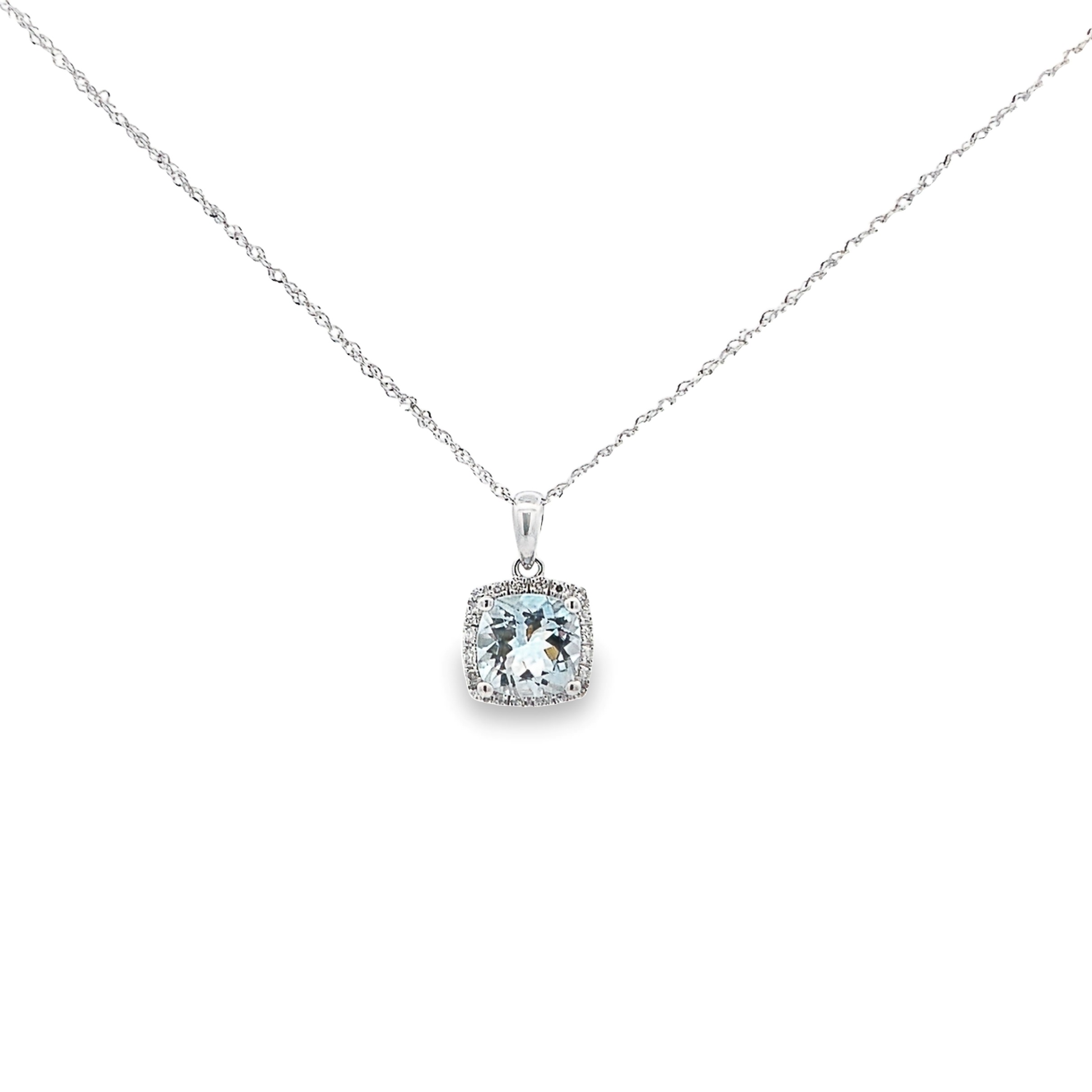 14K White Gold Aquamarine Halo Pendant