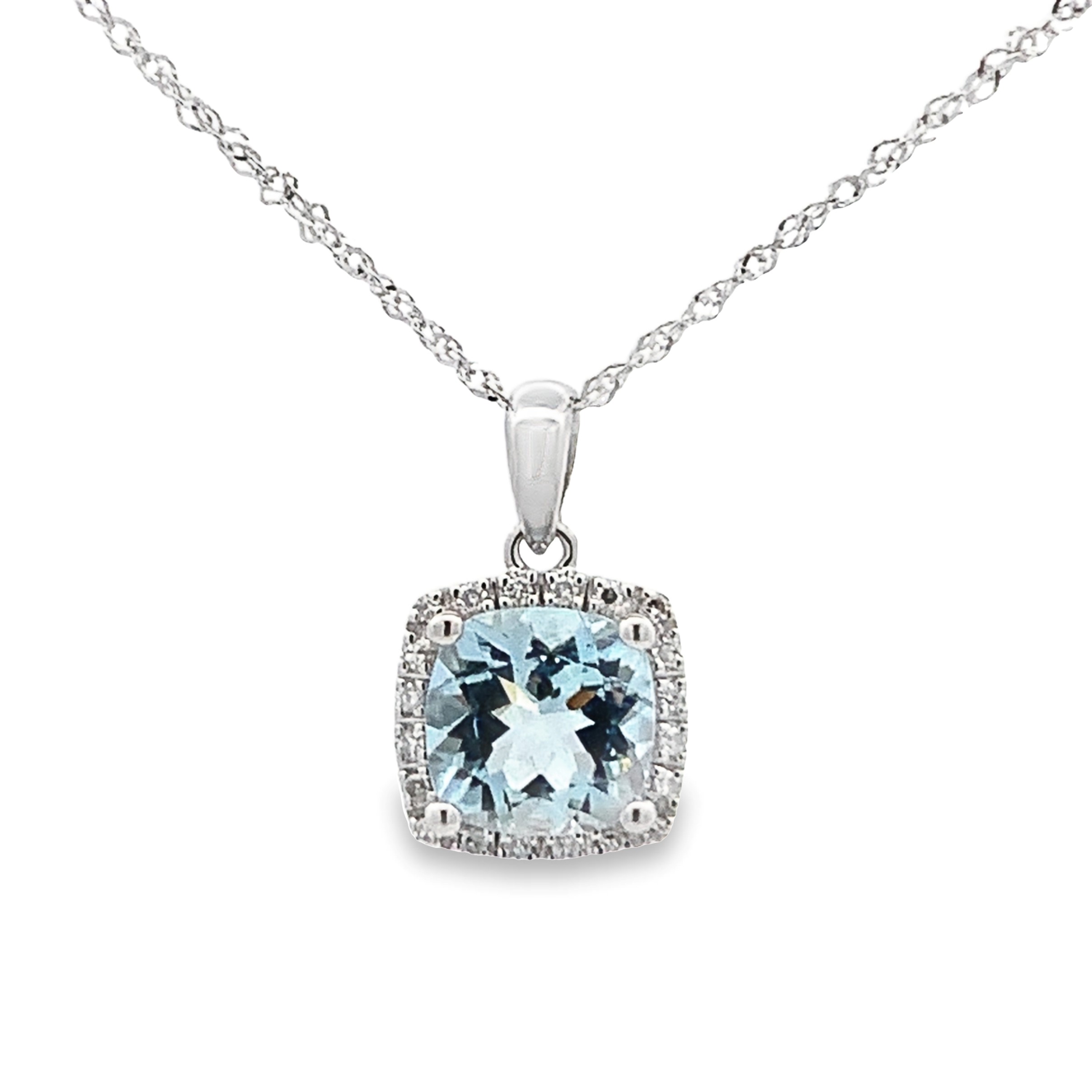 14K White Gold Aquamarine Halo Pendant