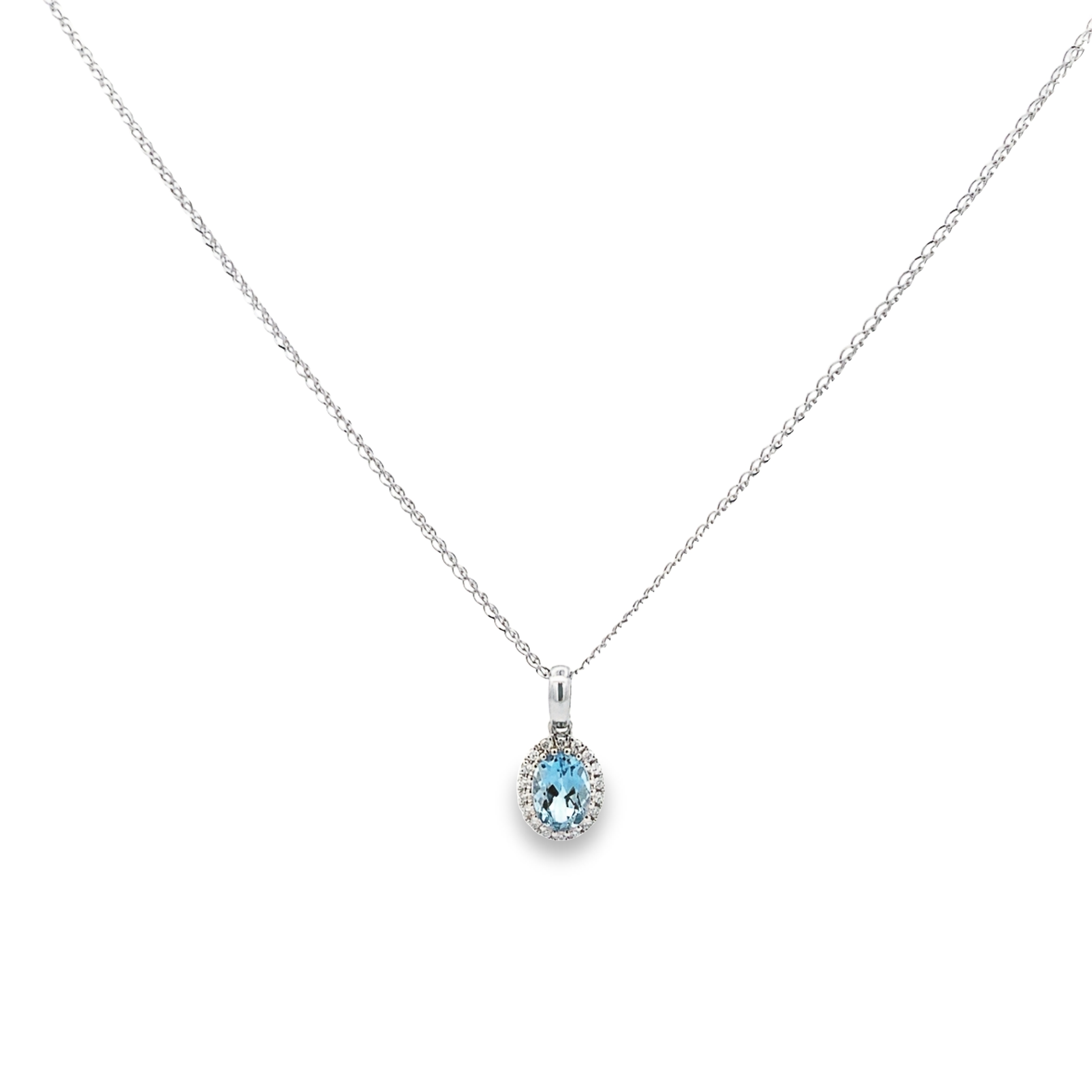 14K White Gold Oval Aquamarine Halo Pendant