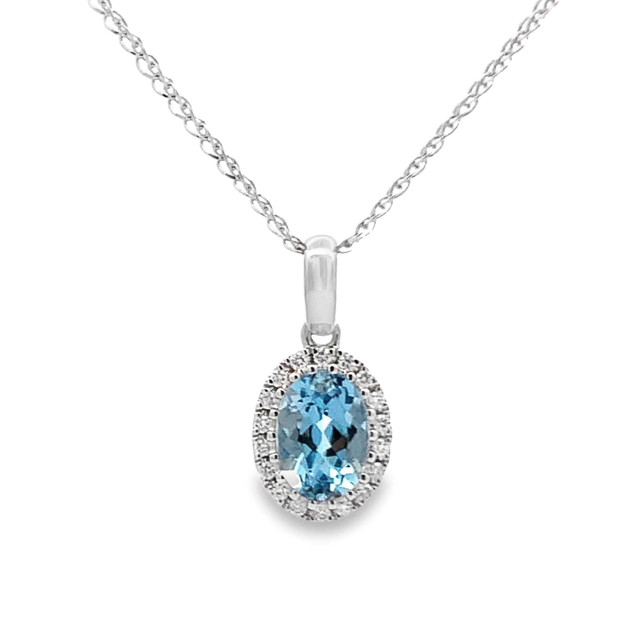 14K White Gold Oval Aquamarine Halo Pendant