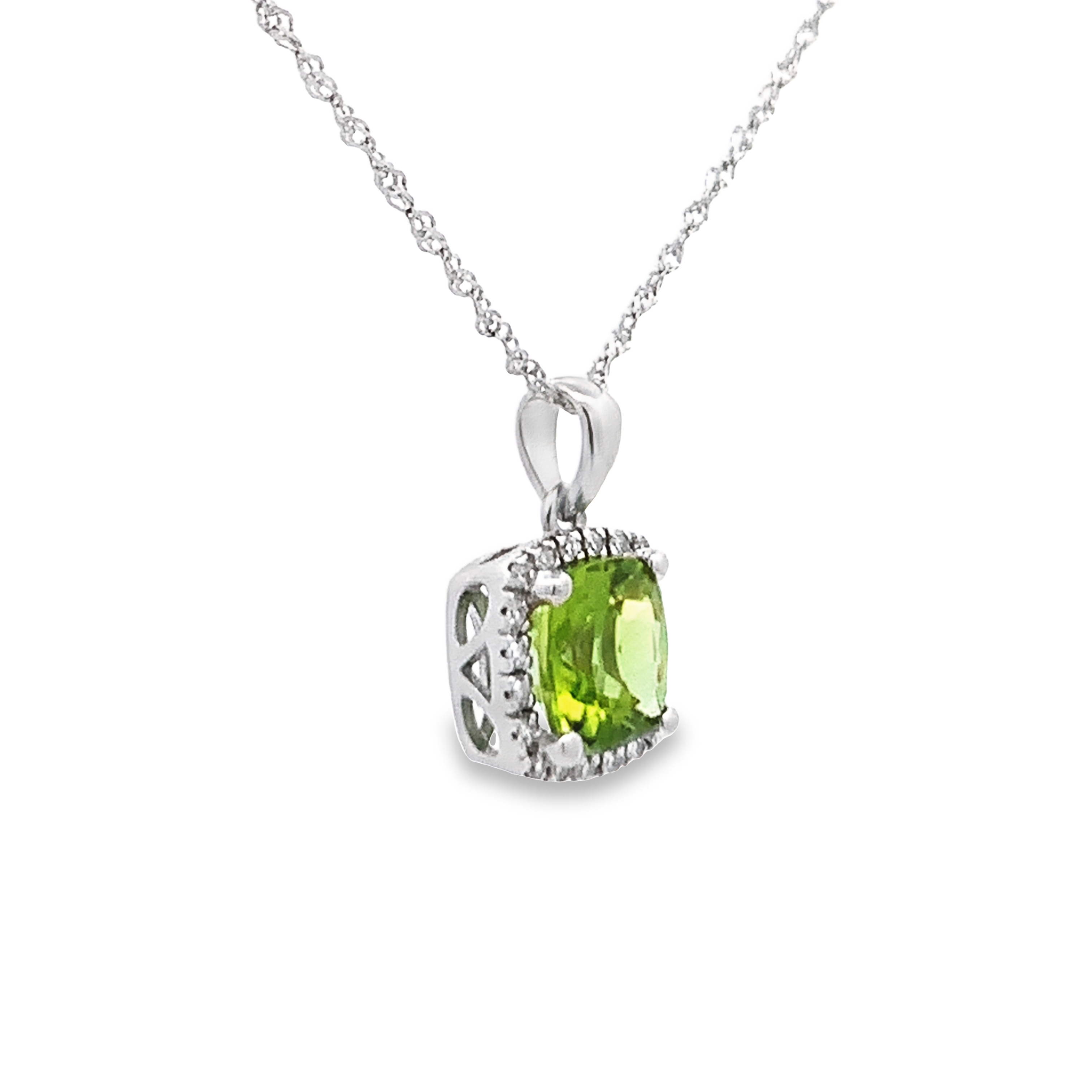 14K White Gold Peridot and Diamond Halo Pendant