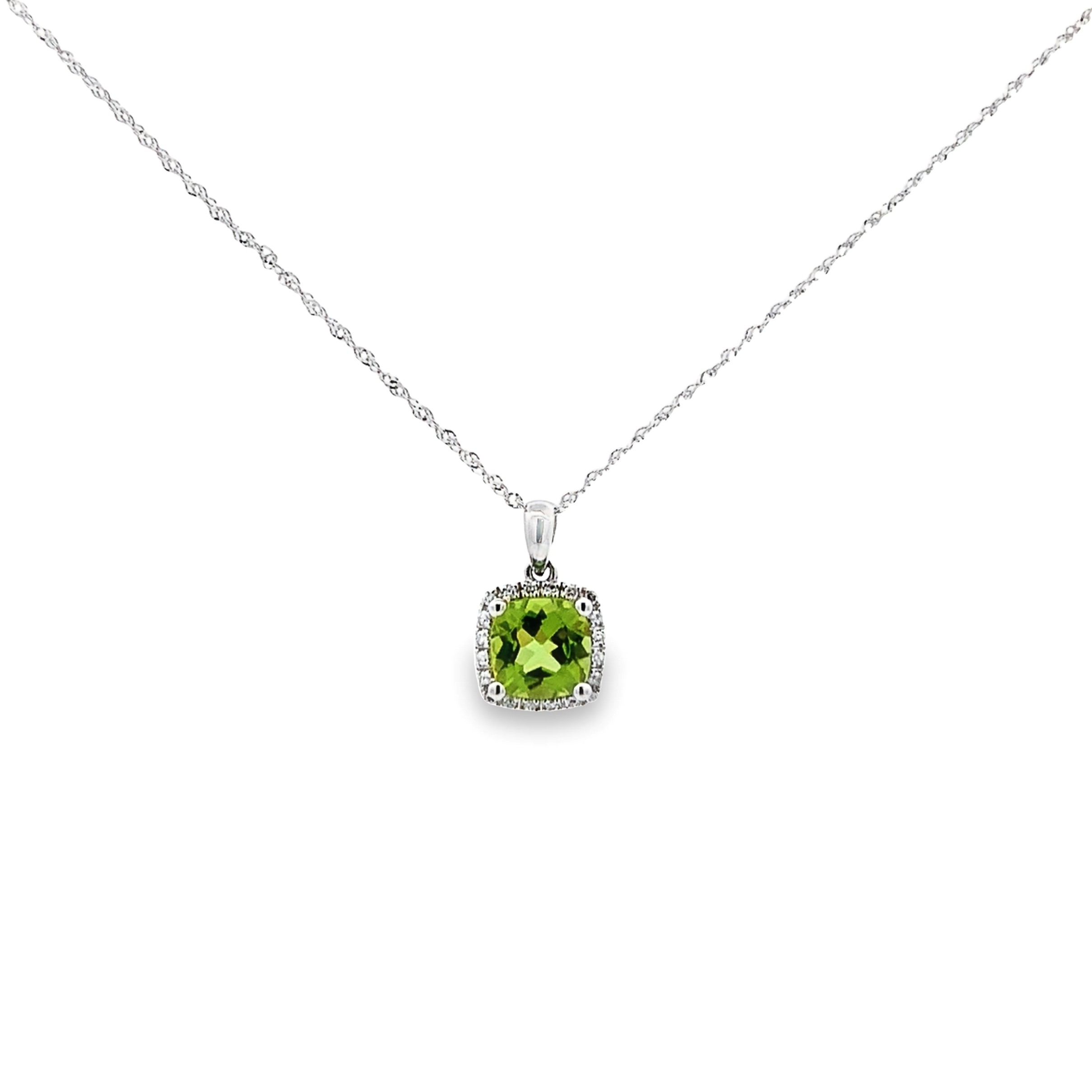 14K White Gold Peridot and Diamond Halo Pendant