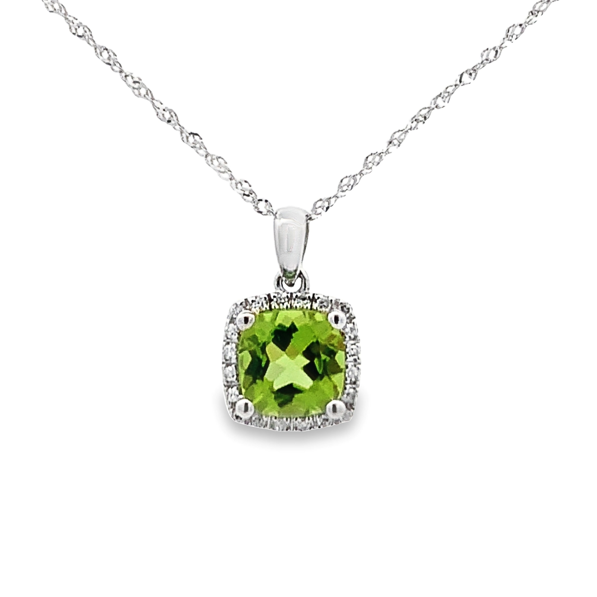 14K White Gold Peridot and Diamond Halo Pendant