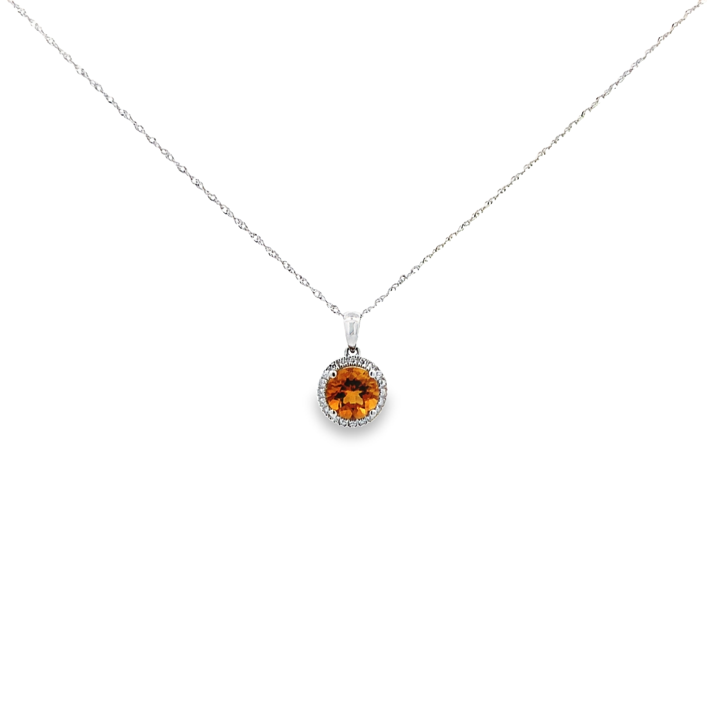 14K White Gold Citrine Halo Pendant