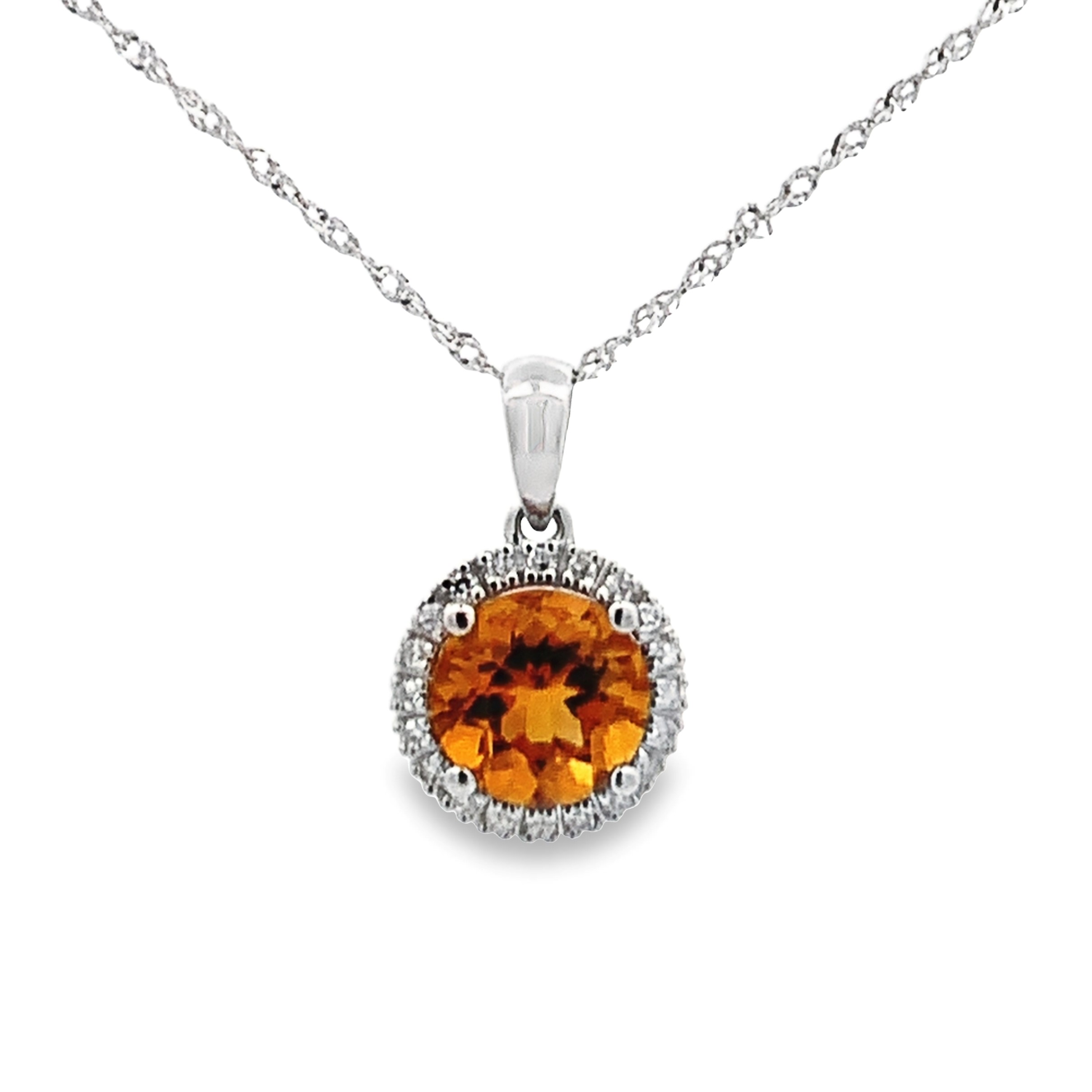 14K White Gold Citrine Halo Pendant