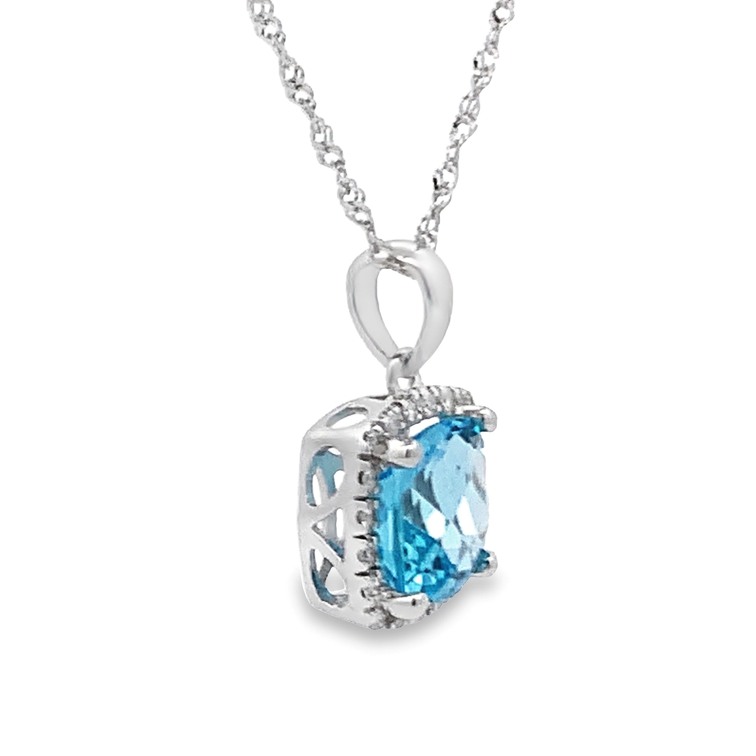 14K White Gold Cushion Blue Topaz Halo Pendant