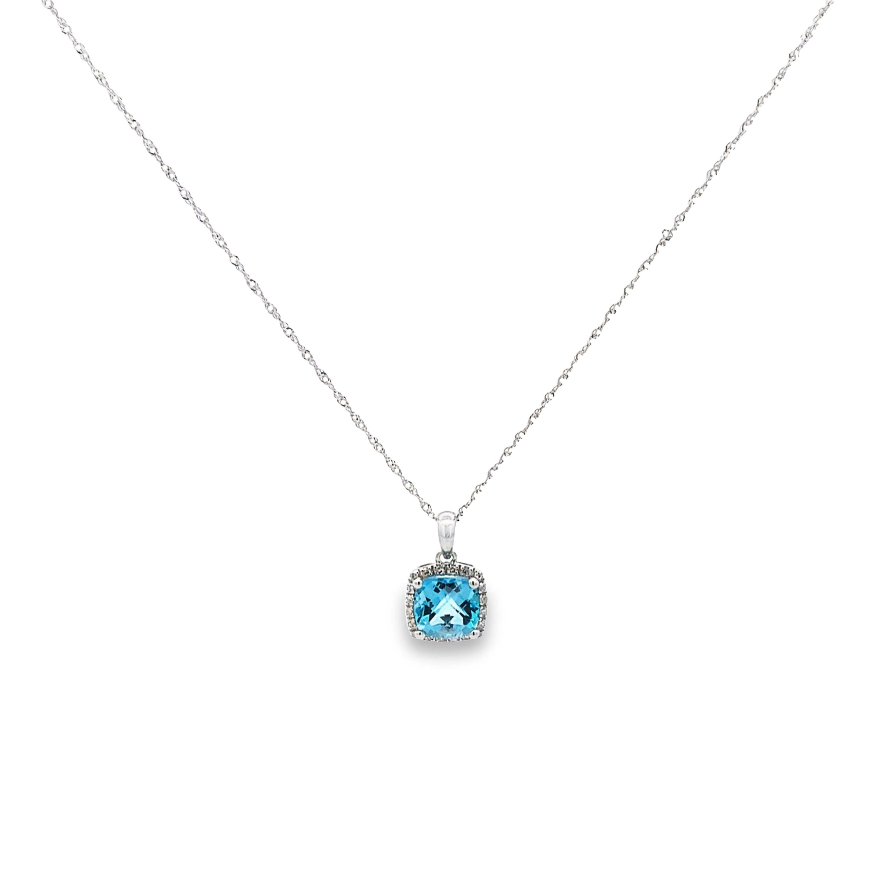 14K White Gold Cushion Blue Topaz Halo Pendant