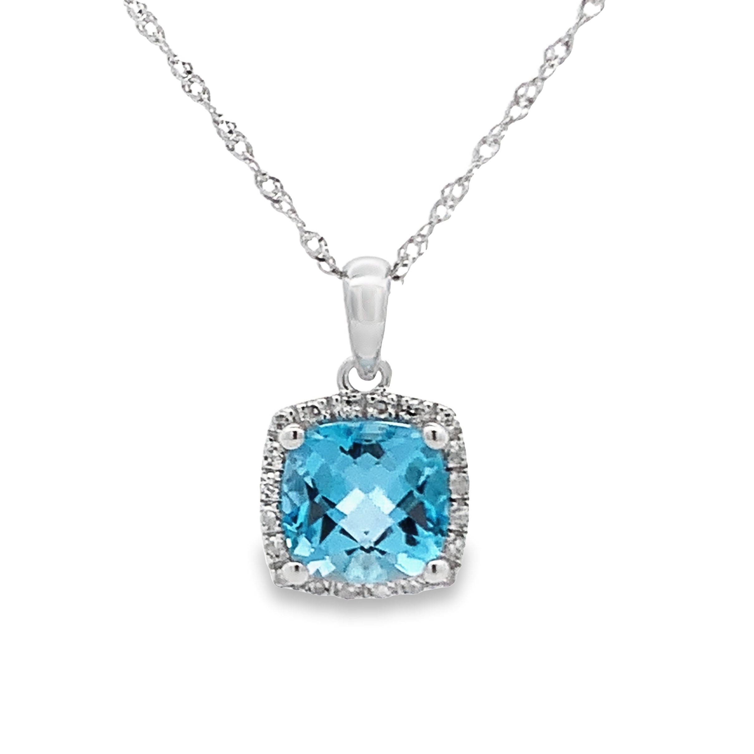 14K White Gold Cushion Blue Topaz Halo Pendant