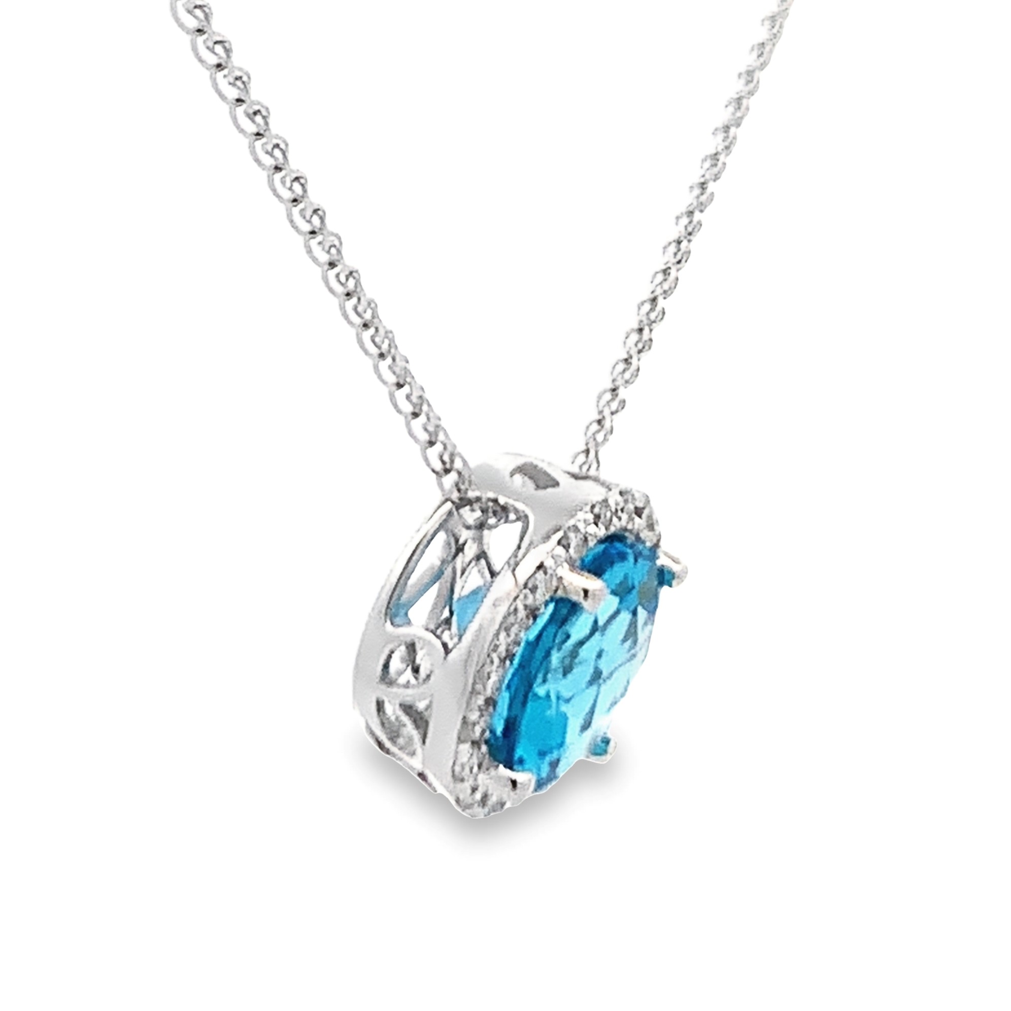 14K White Gold Swiss Blue Topaz Halo Pendant