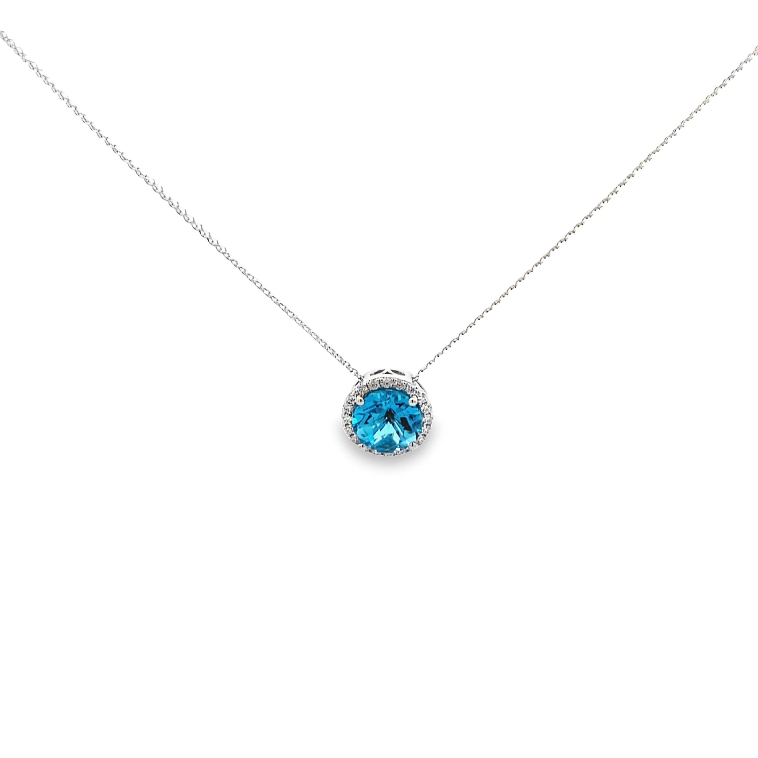 14K White Gold Swiss Blue Topaz Halo Pendant