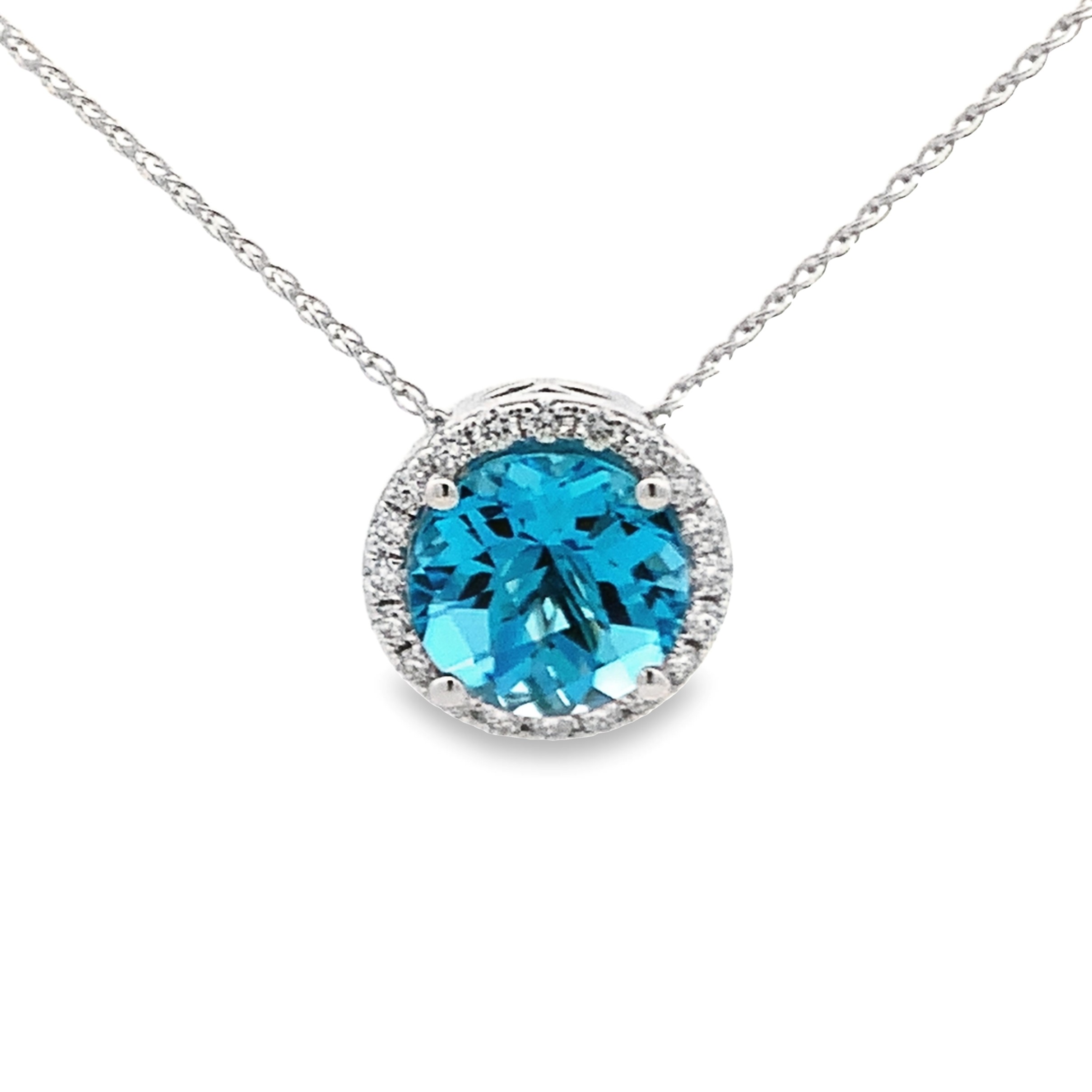 14K White Gold Swiss Blue Topaz Halo Pendant