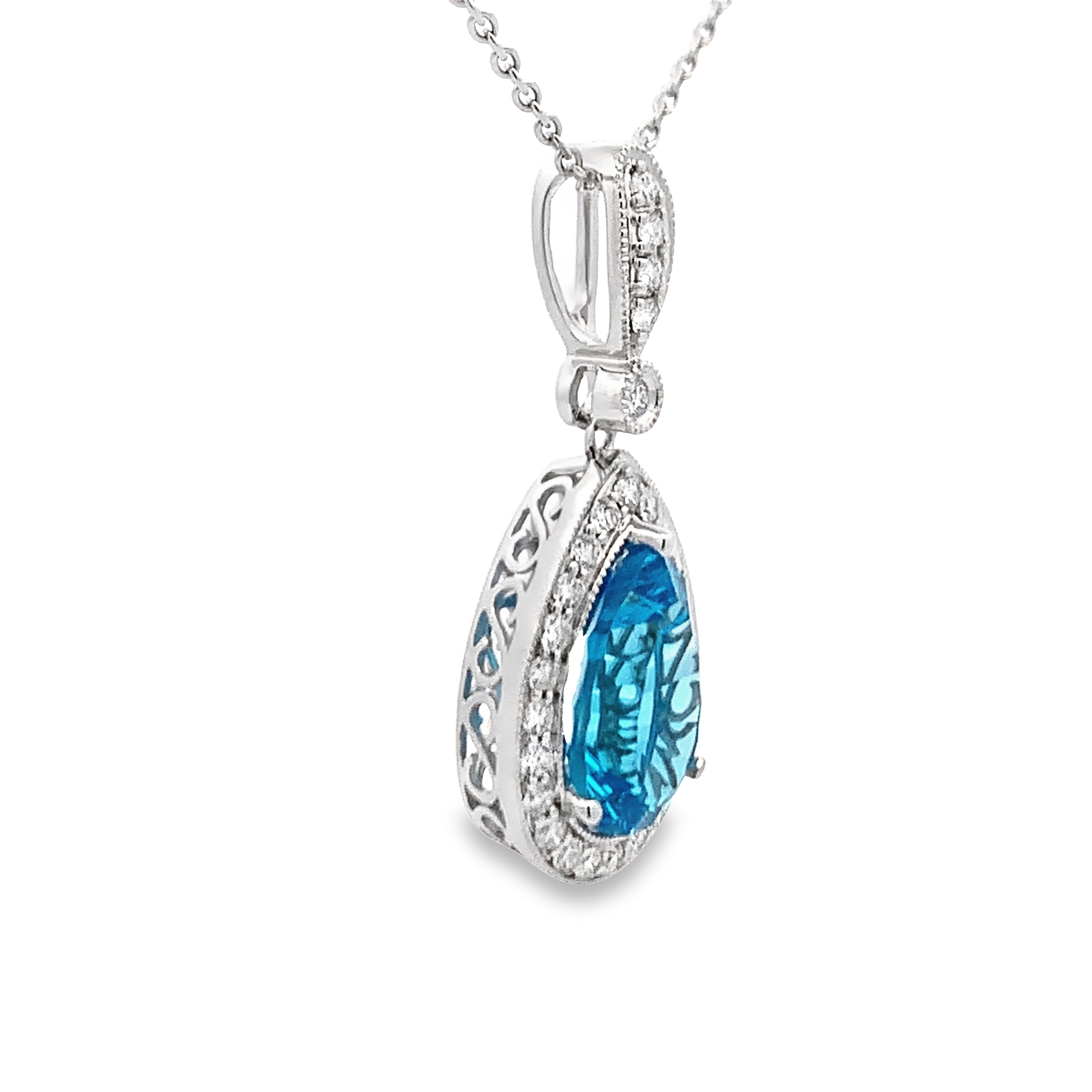 14K White Gold Pear Blue Topaz Halo Pendant