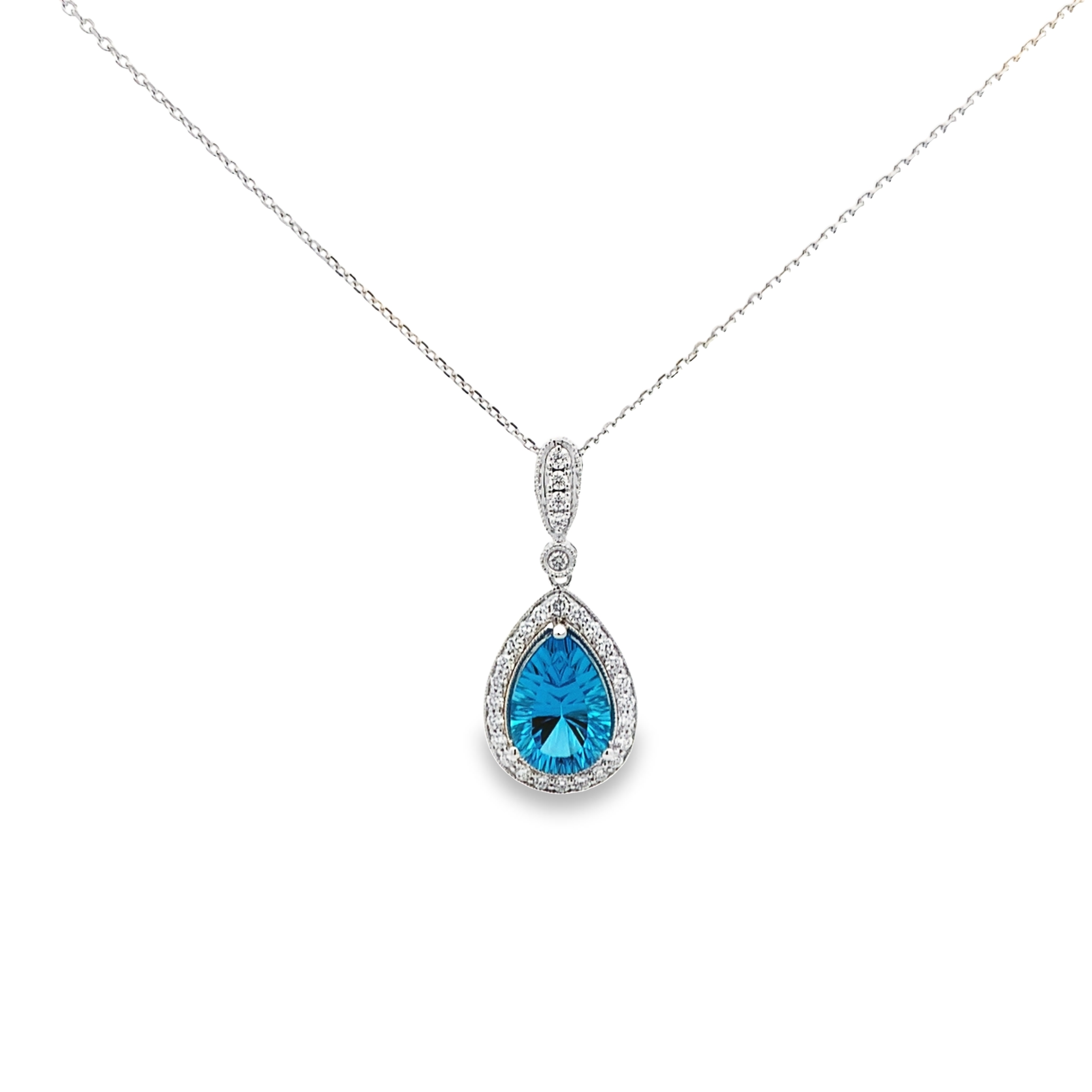 14K White Gold Pear Blue Topaz Halo Pendant