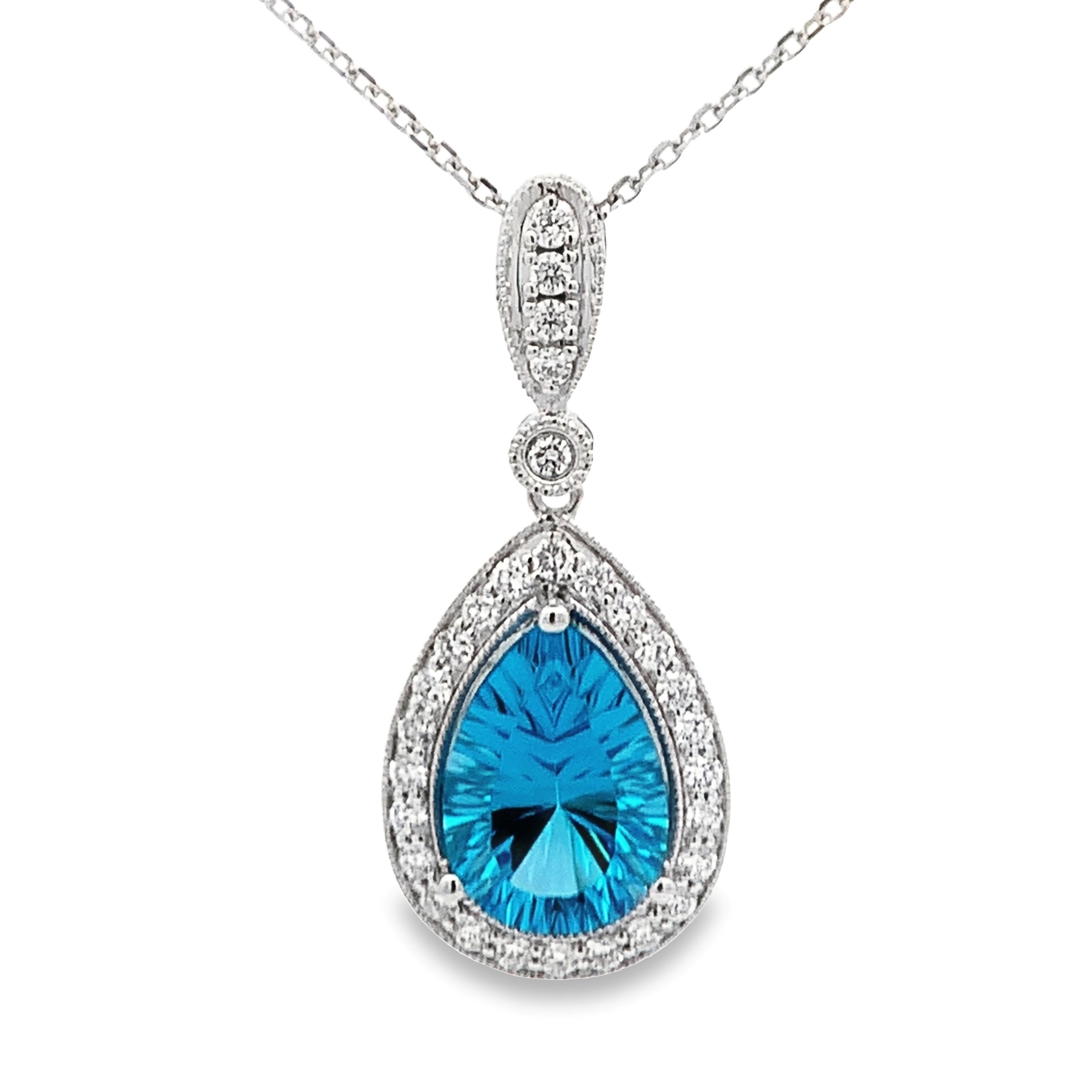 14K White Gold Pear Blue Topaz Halo Pendant