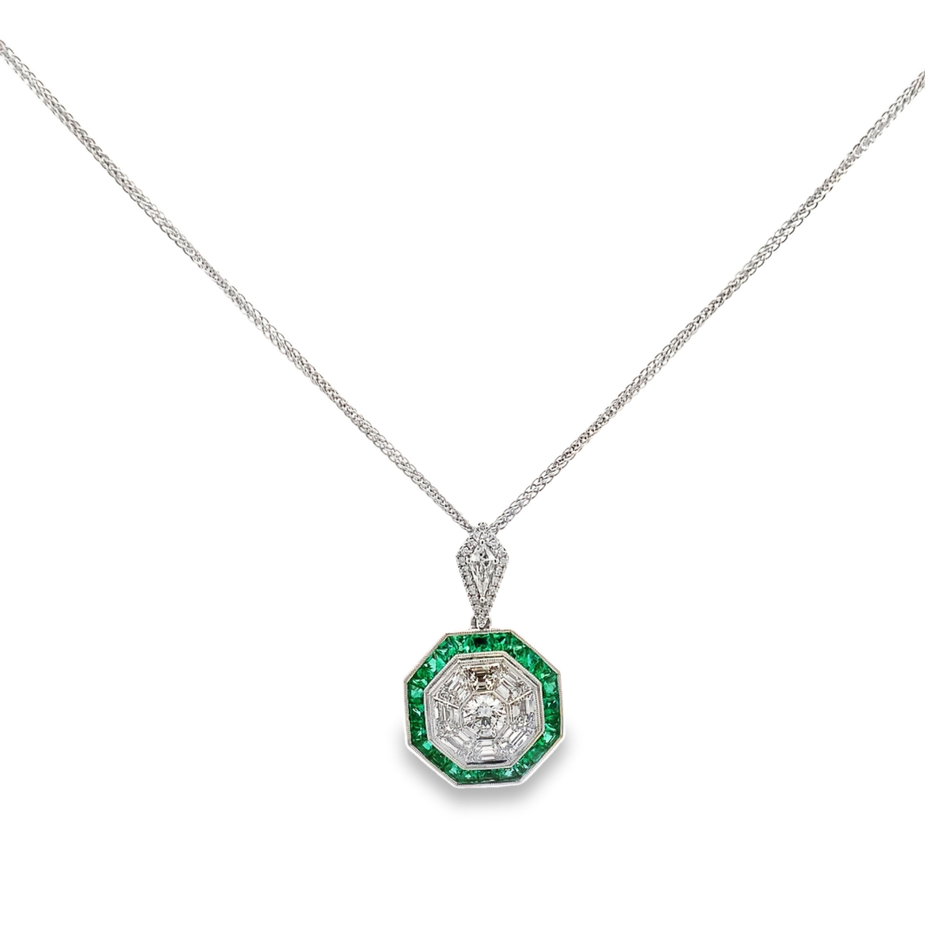 Simon G. 18K White Gold Emerald and Diamond Cluster Pendant