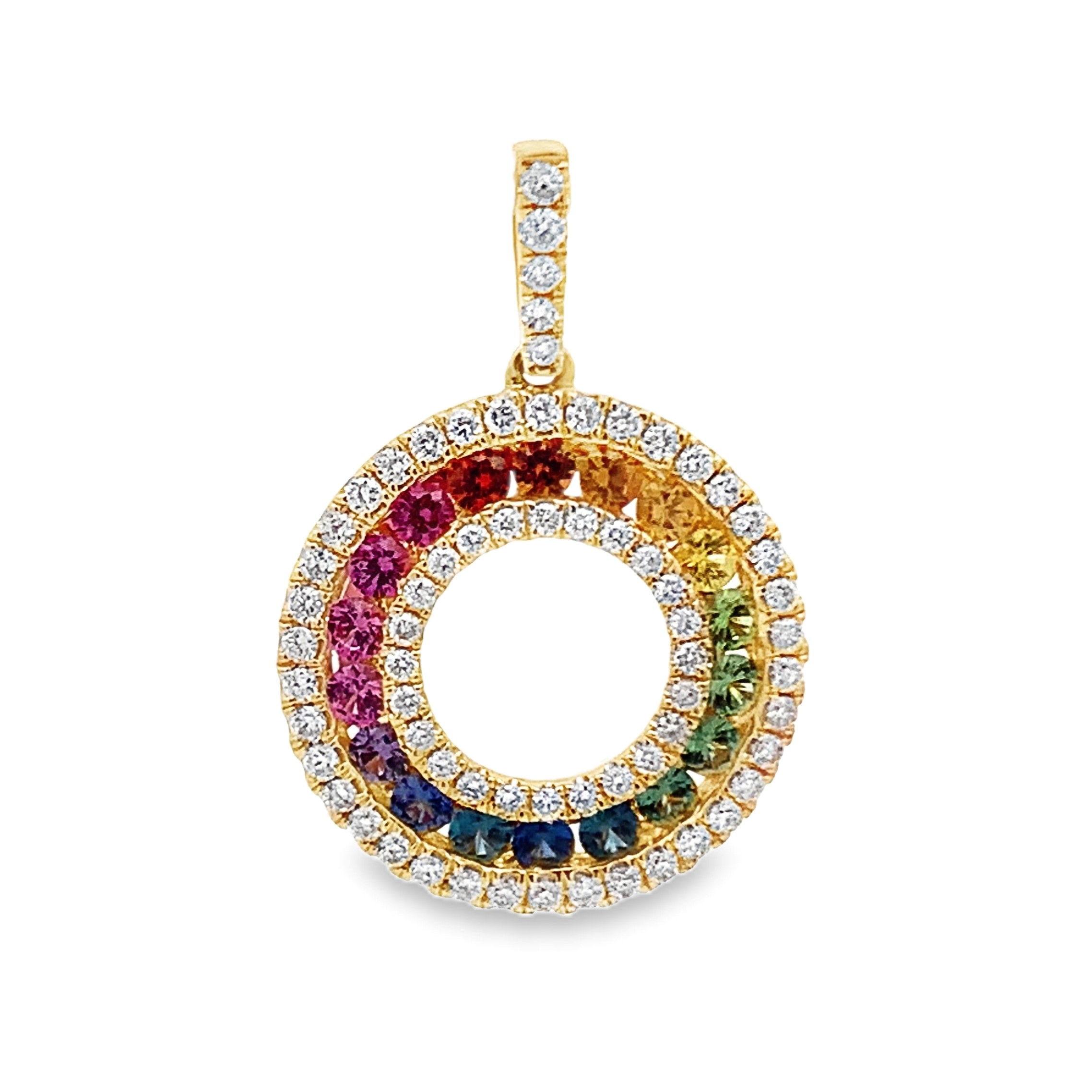 18K Yellow Gold Rainbow Sapphire Circle Pendant