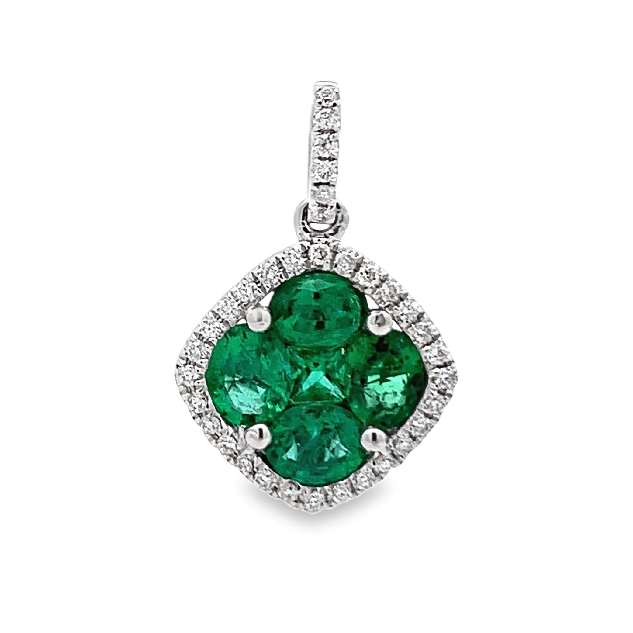 18K White Gold Emerald and Diamond Cluster Pendant