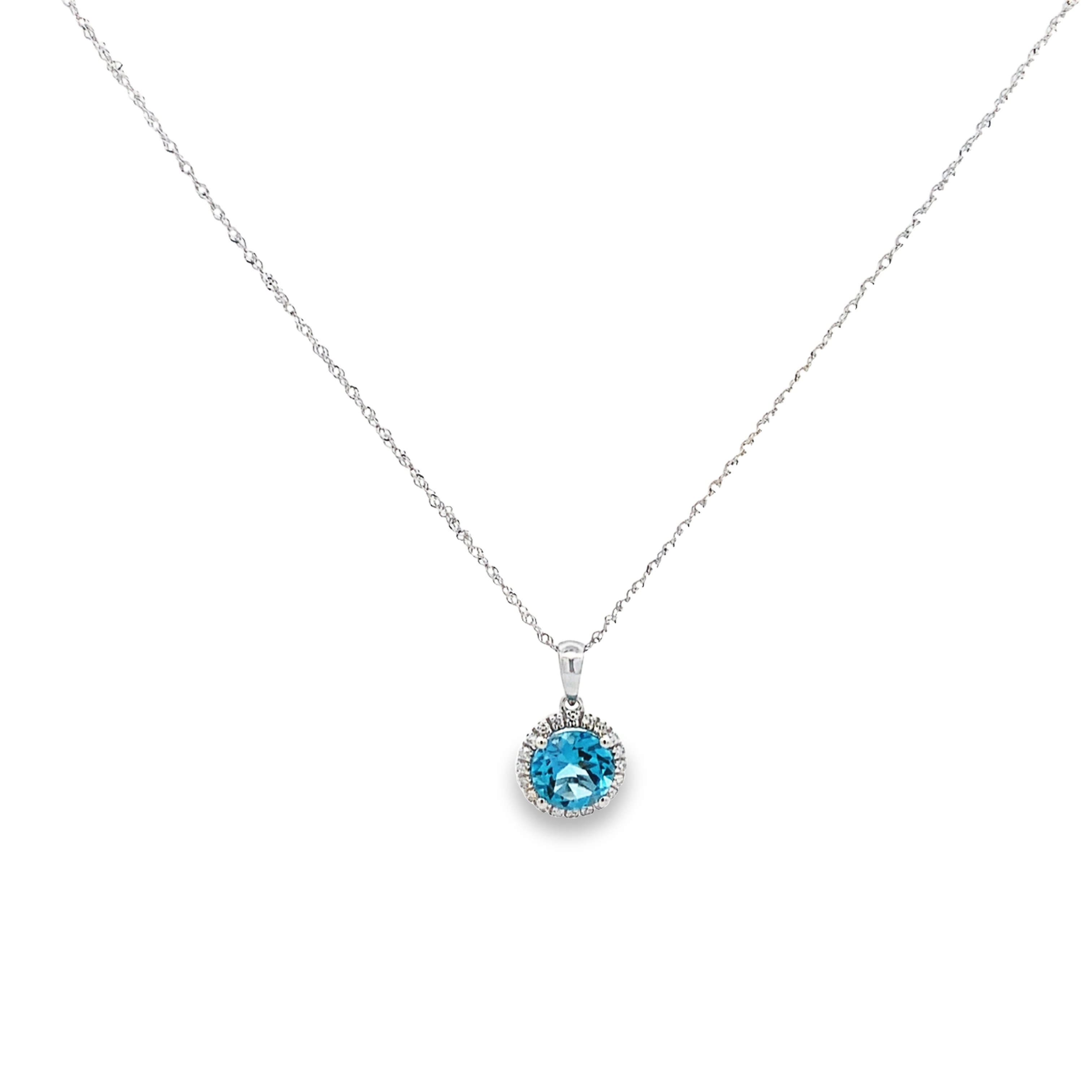 14K White Gold Blue Topaz Halo Pendant