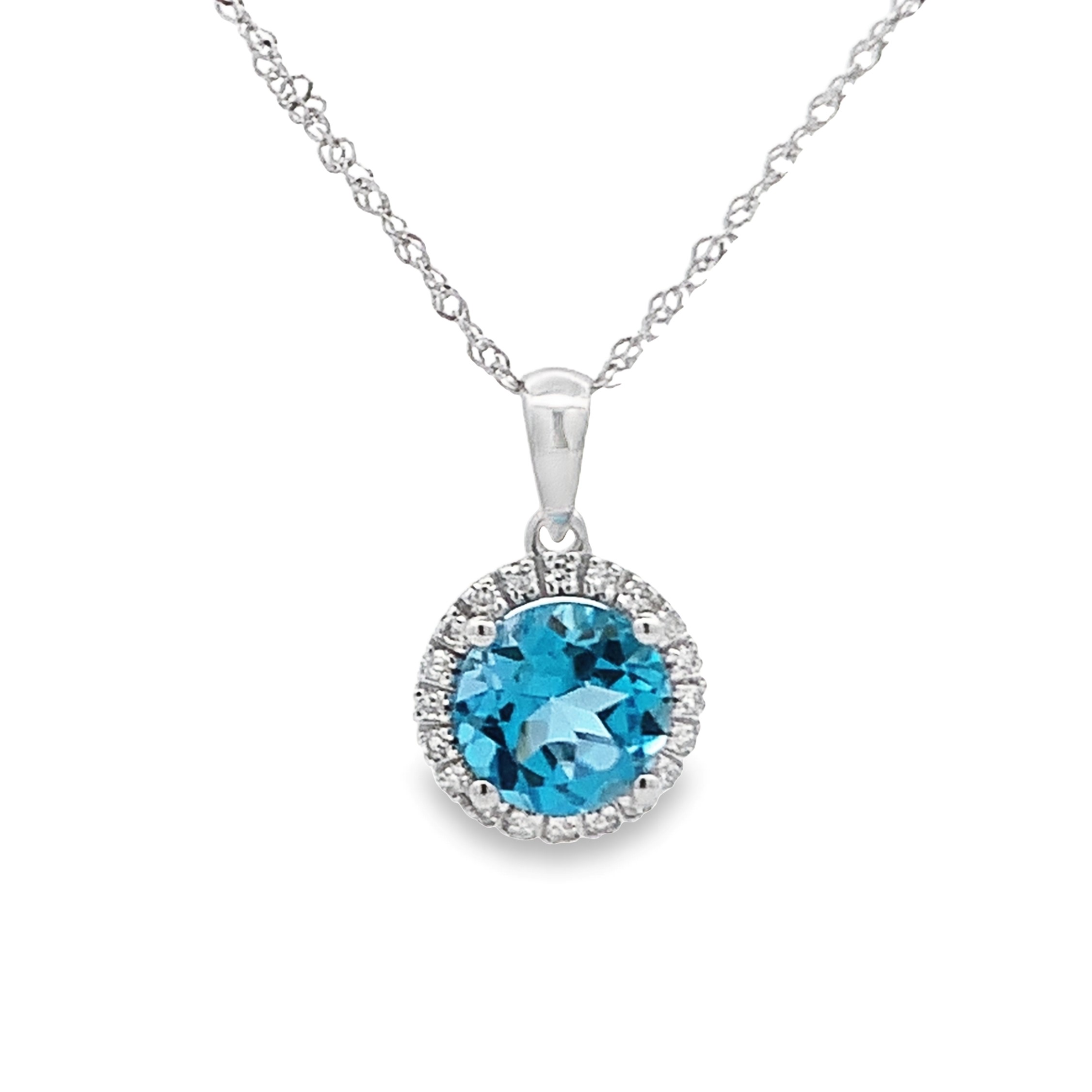 14K White Gold Blue Topaz Halo Pendant