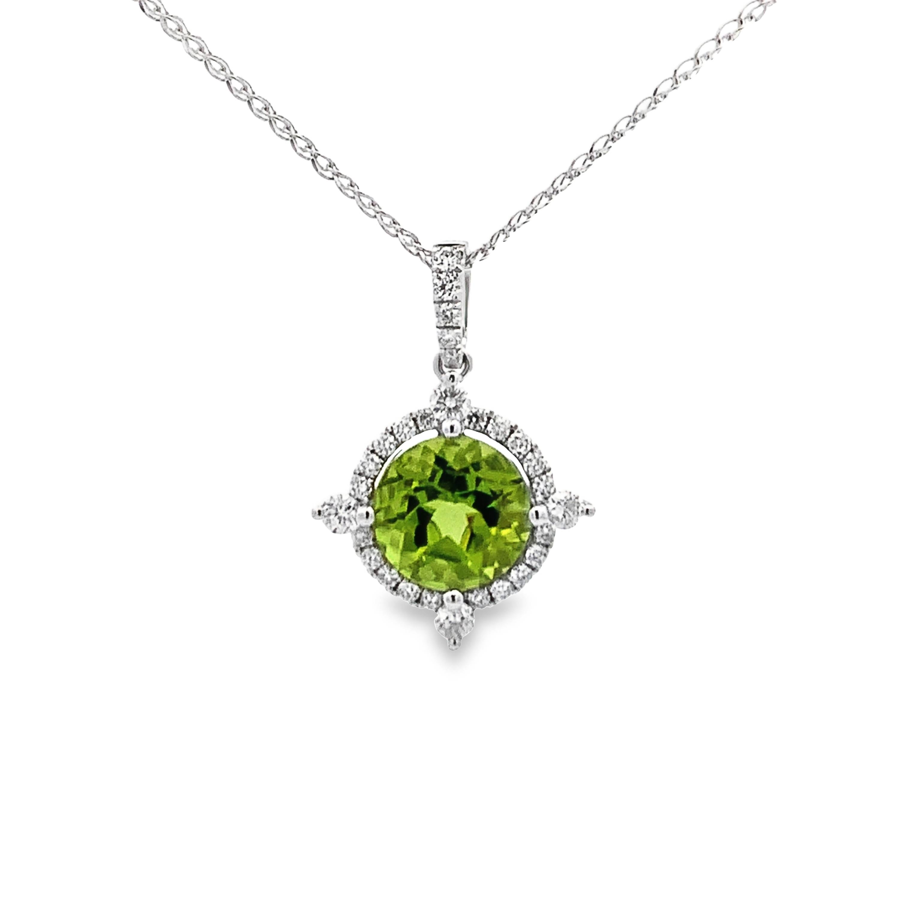 14K White Gold Peridot Compass Halo Pendant