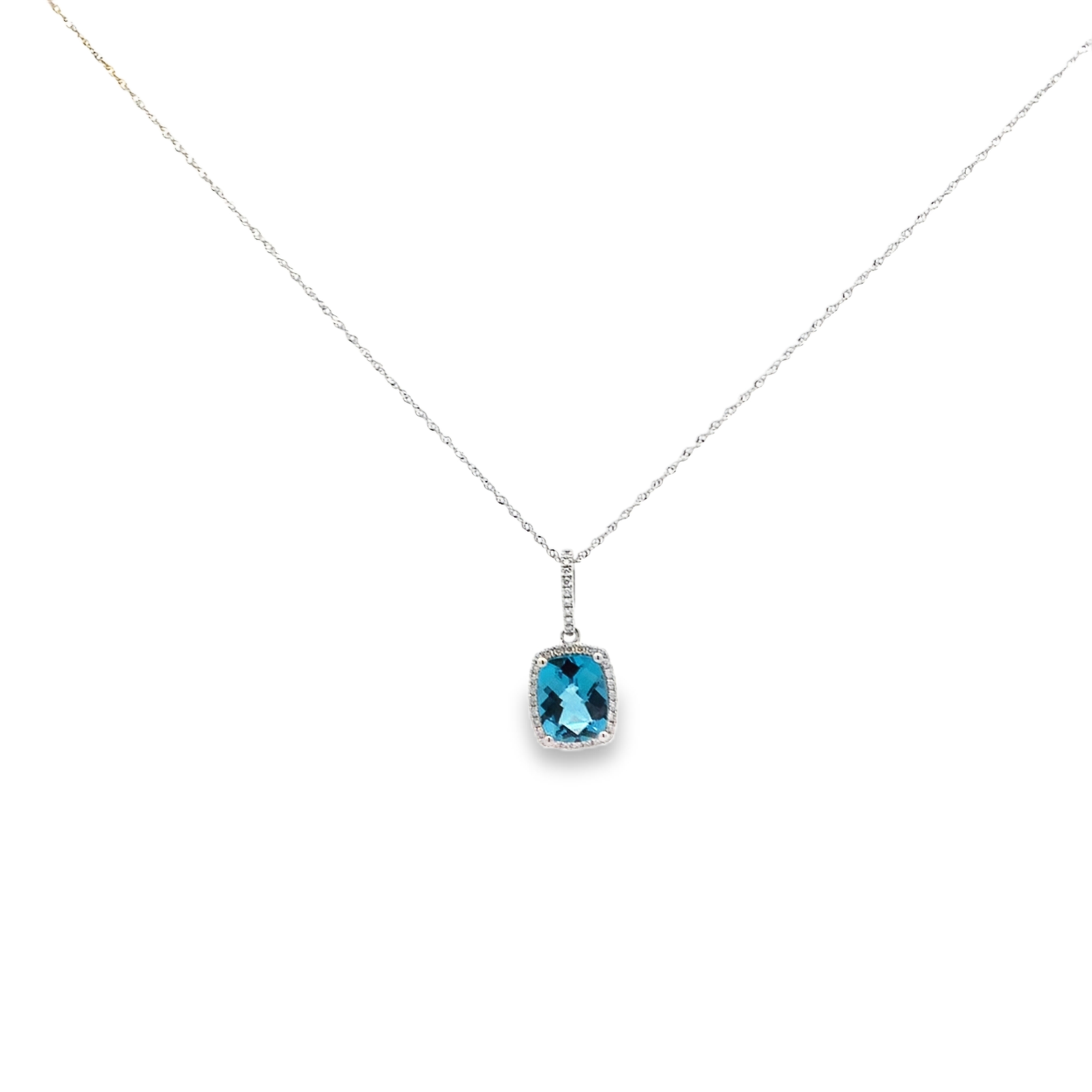 14K White Gold Blue Topaz Halo Pendant