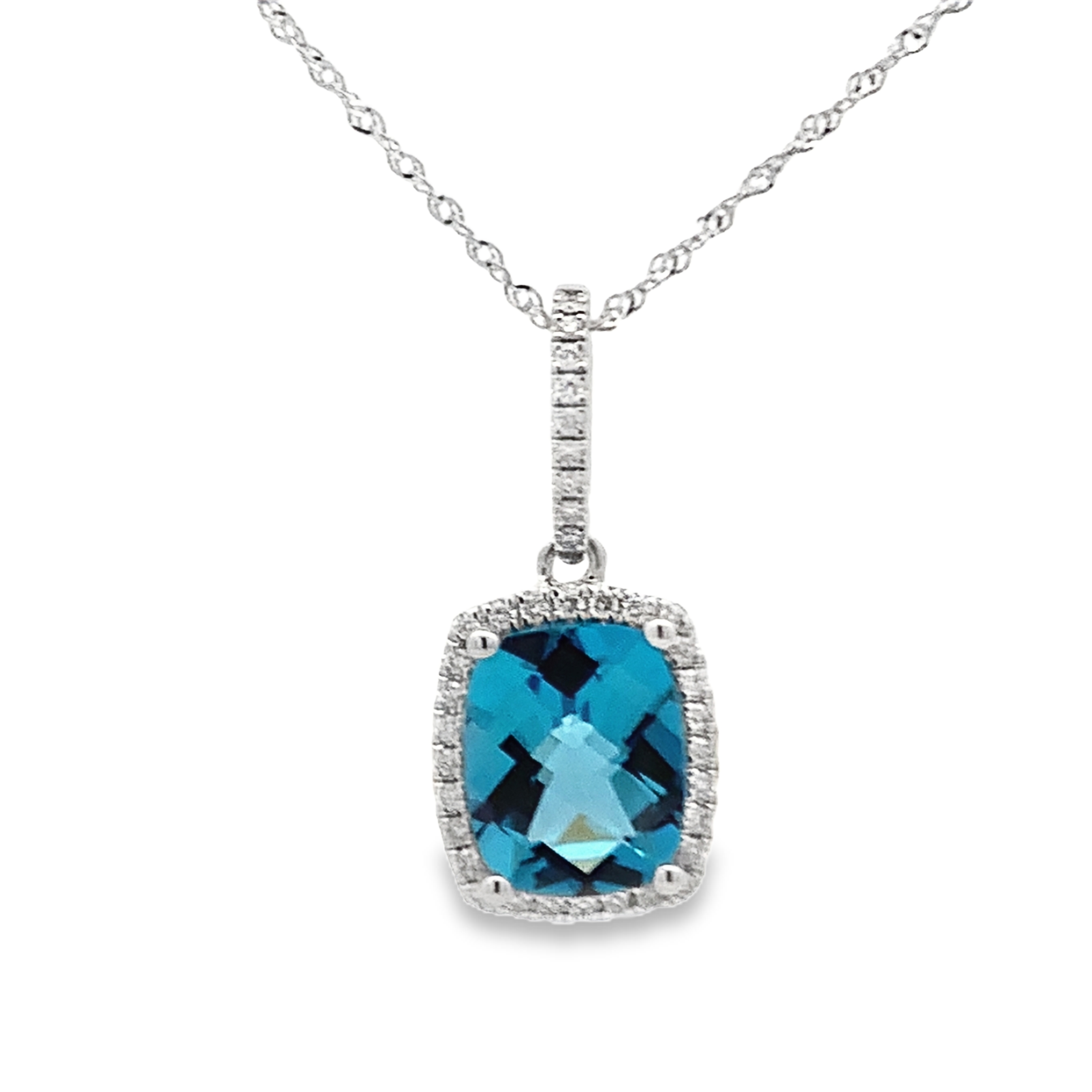 14K White Gold Blue Topaz Halo Pendant