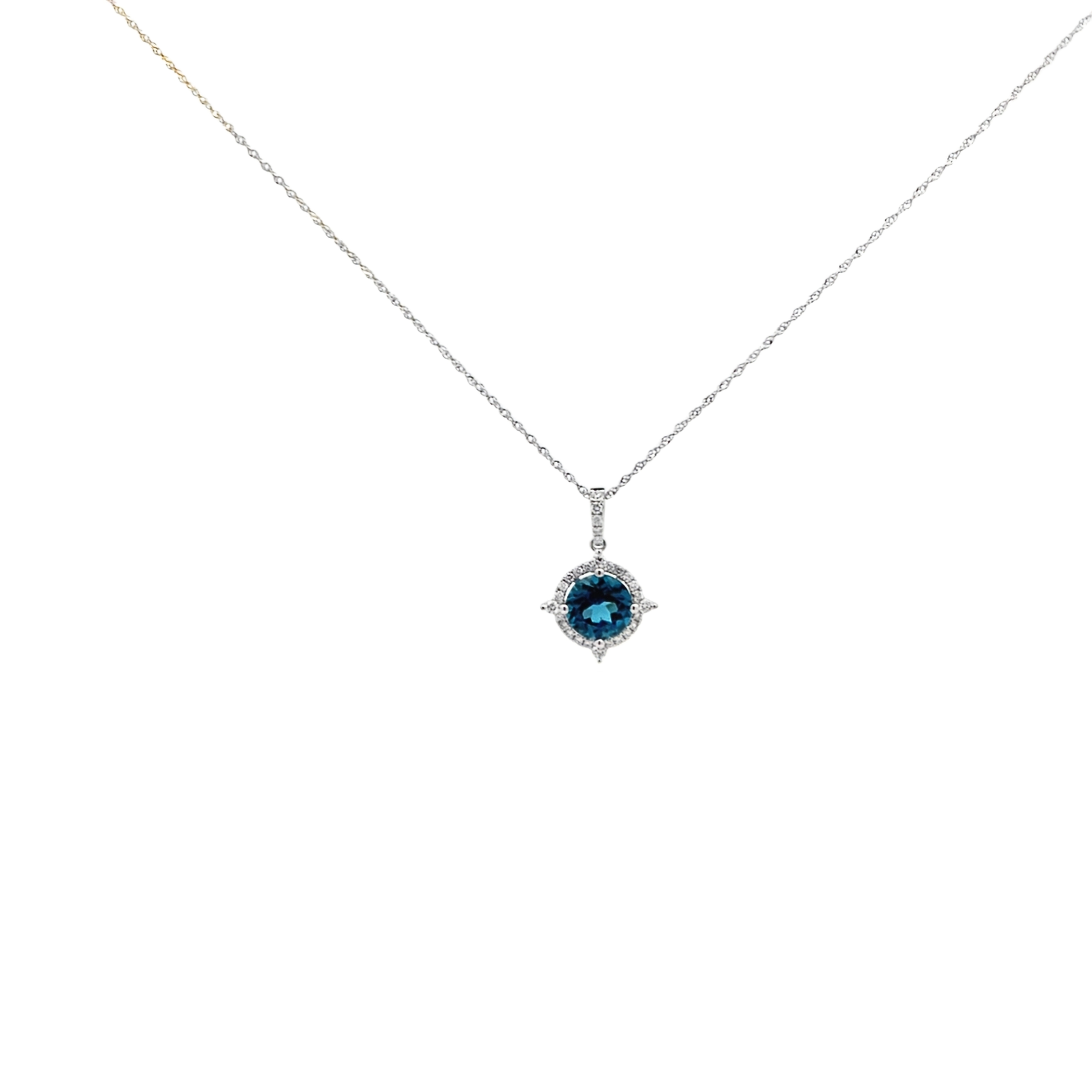 14K White Gold Blue Topaz & Diamond Pendant