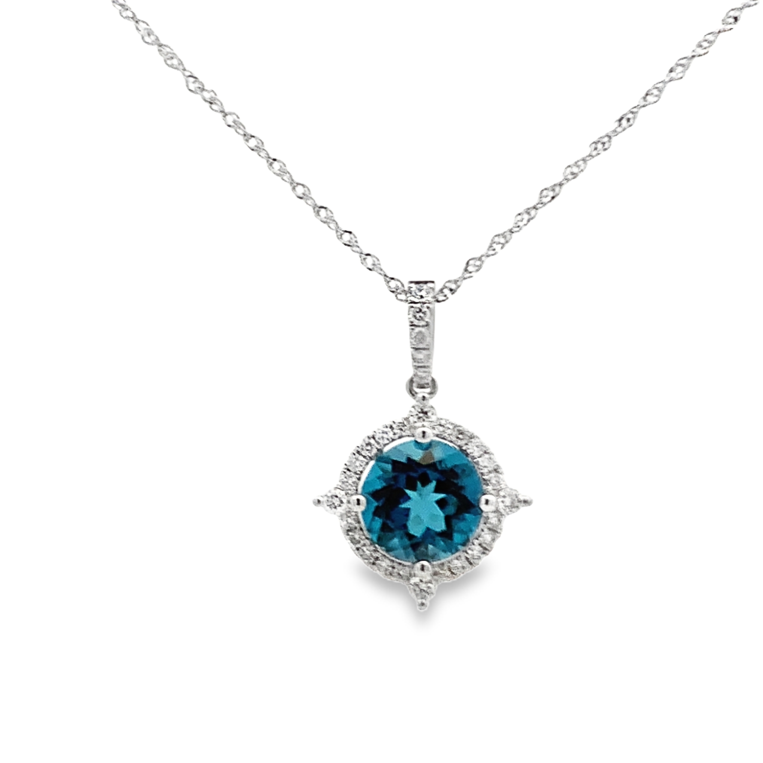 14K White Gold Blue Topaz & Diamond Pendant