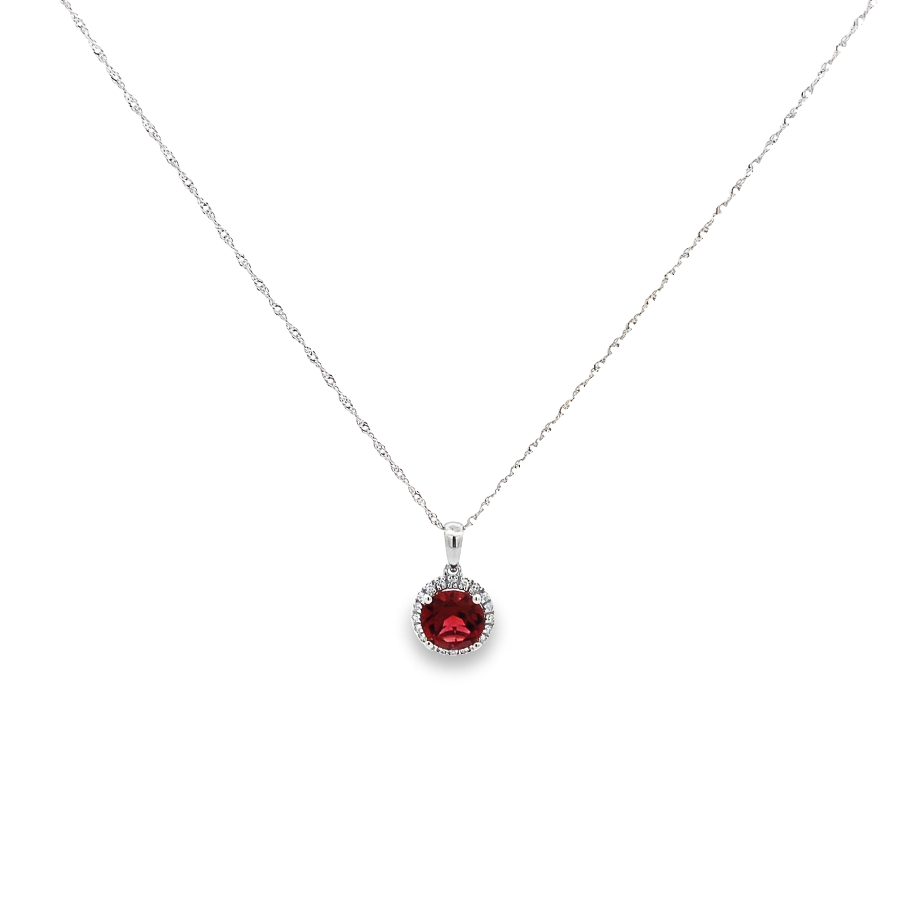 14K White Gold Garnet Halo Pendant