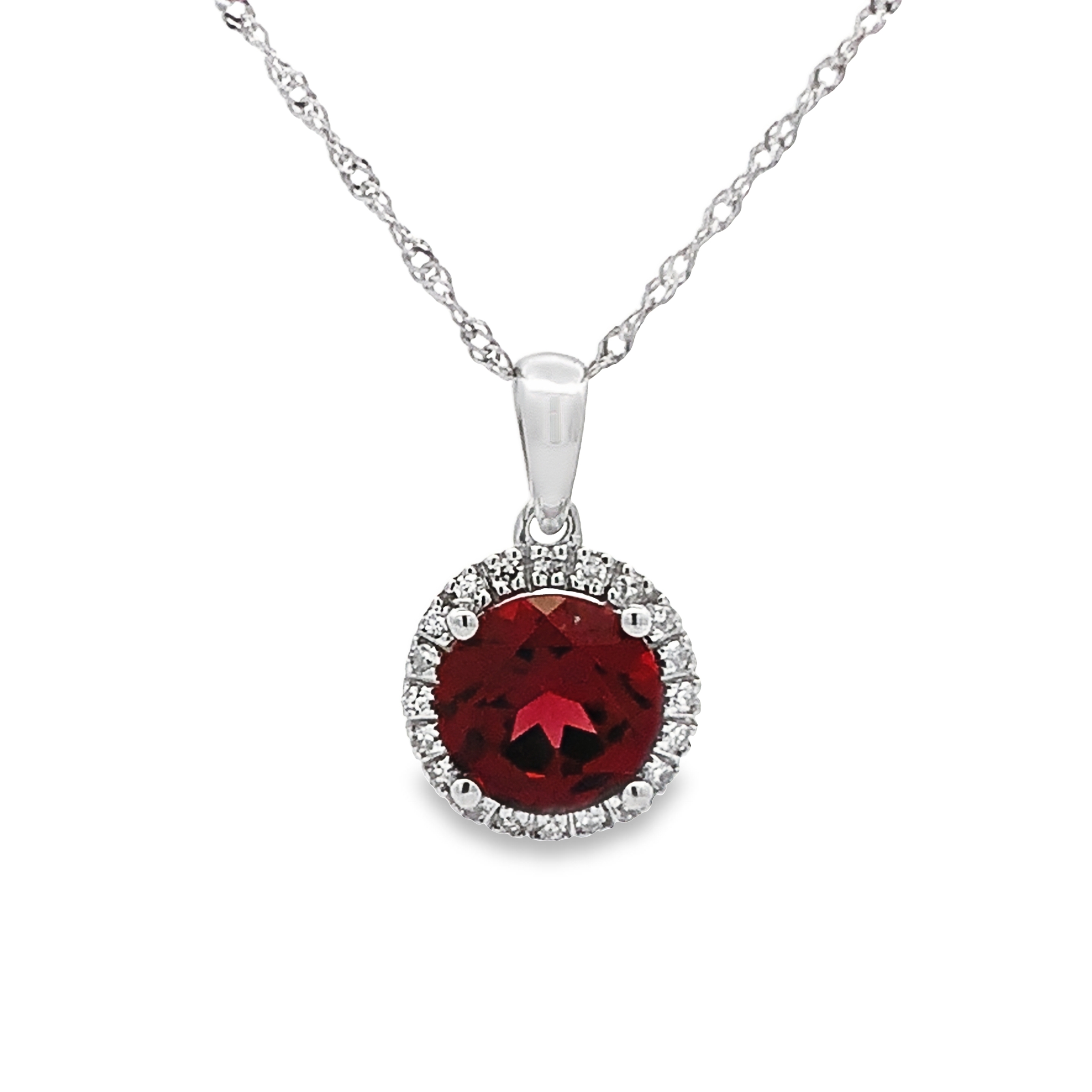 14K White Gold Garnet Halo Pendant