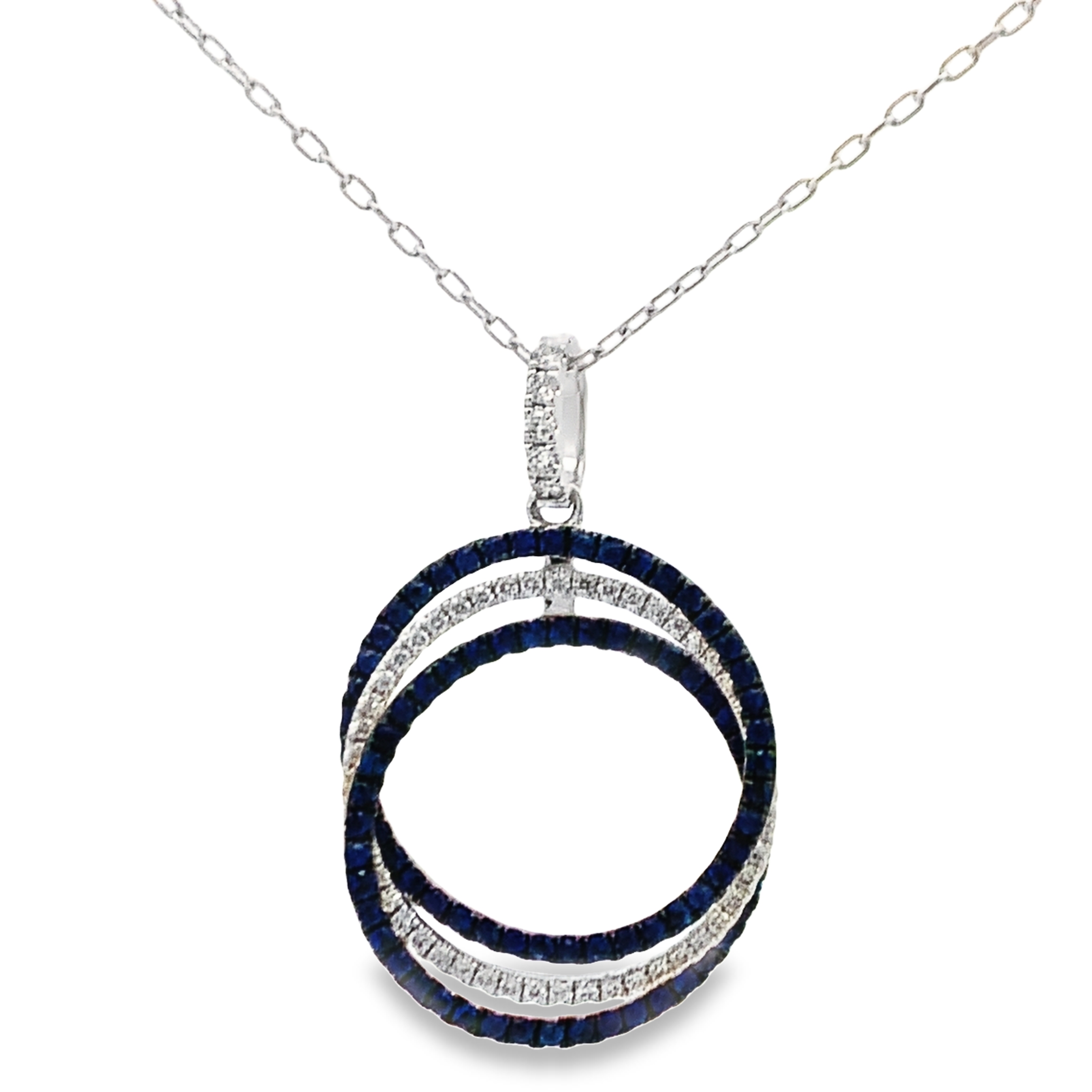 18K White Gold Sapphire and Diamond Interlocking Circles Pendant