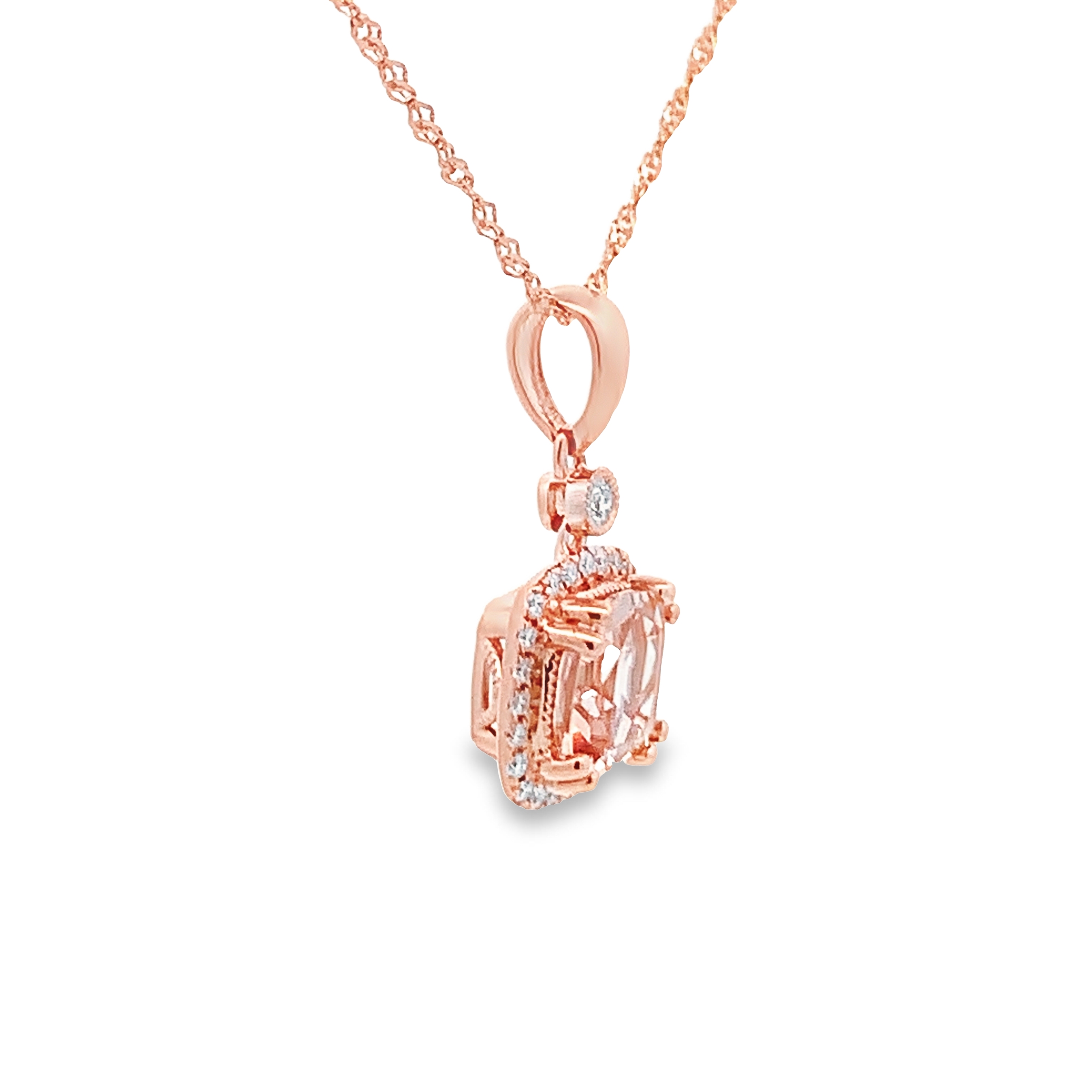 14K Rose Gold Morganite Halo Pendant