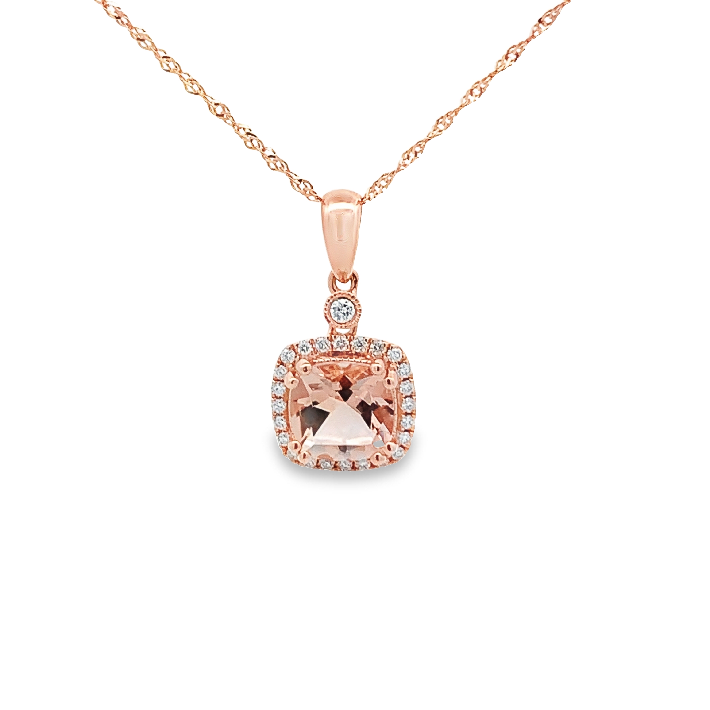 14K Rose Gold Morganite Halo Pendant