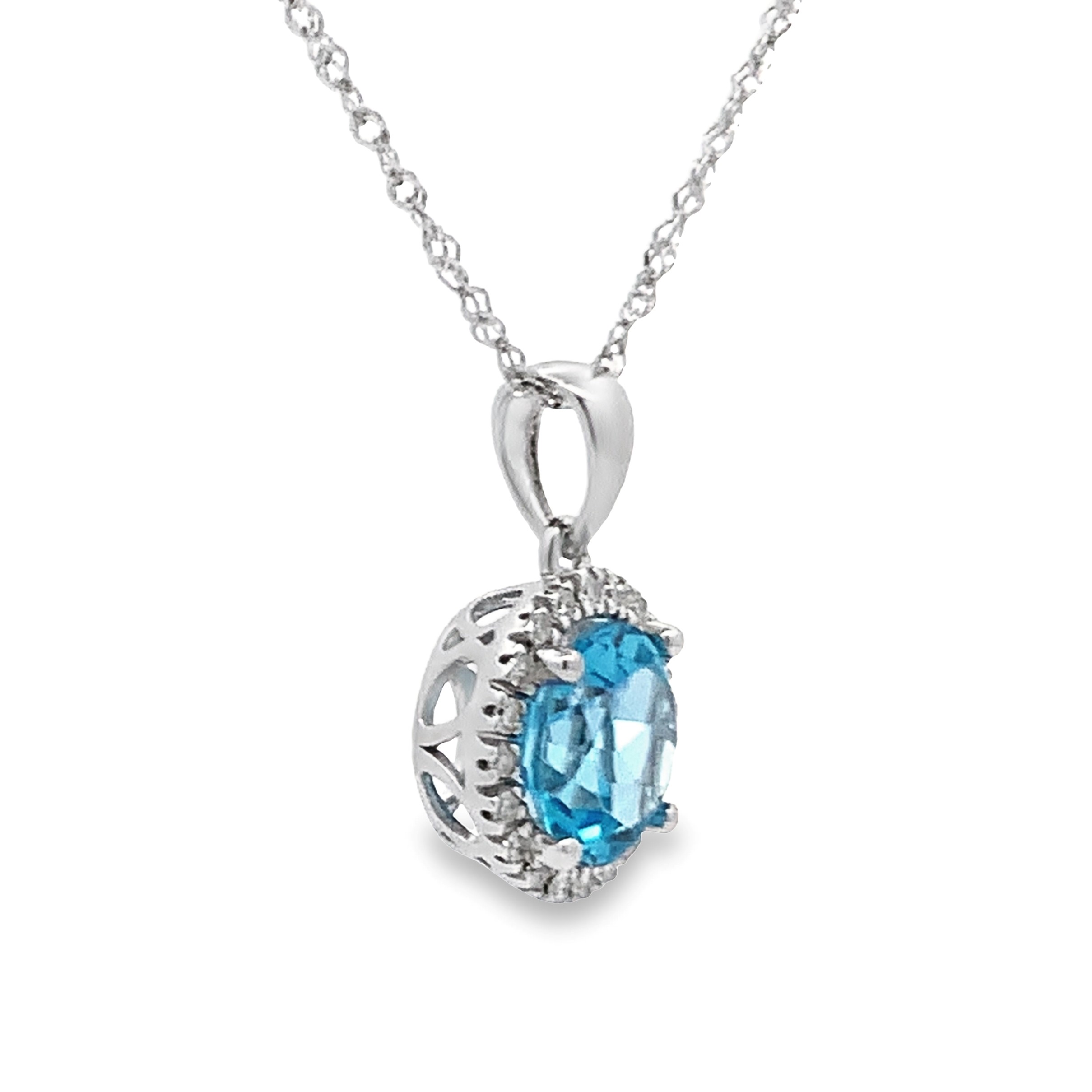 14K White Gold Blue Topaz Halo Pendant